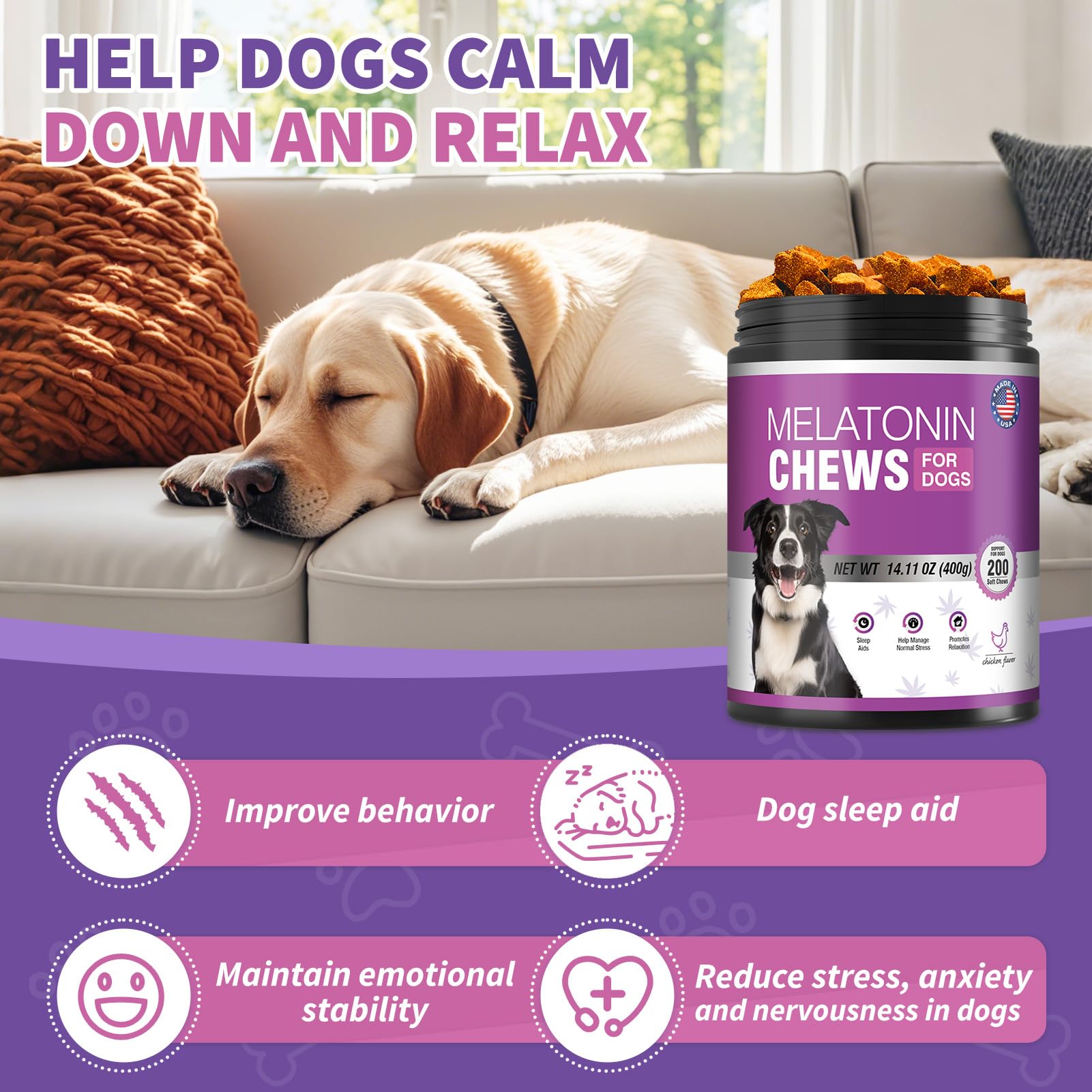 TTIXRL Melatonin for Dogs chews close-up with label for nighttime sleep