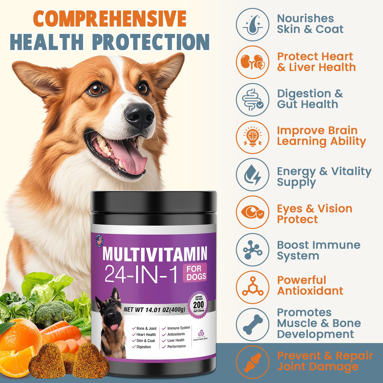 TTLXBL 24in1 dog vitamins chews close-up with peanut butter flavor for palatability
