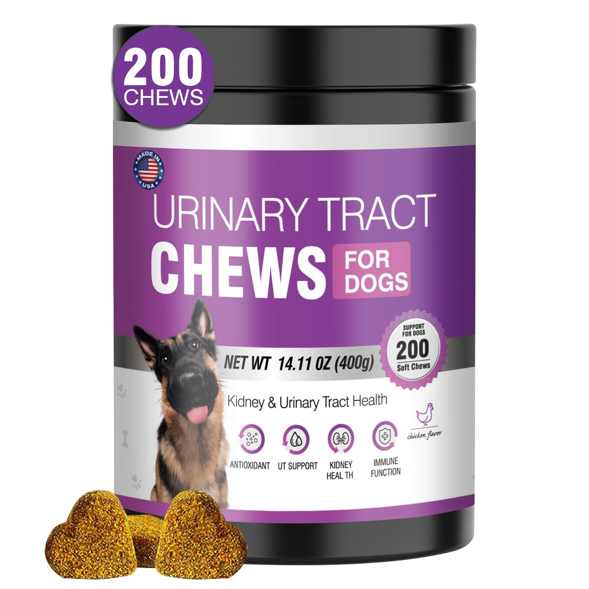TTLXBL Dog UTI Cranberry Chews bottle shows daily urinary health support.