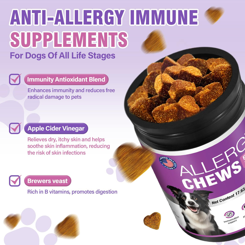 TTLXRI Dog Allergy Chews salmon oil and probiotic ingredients highlight.