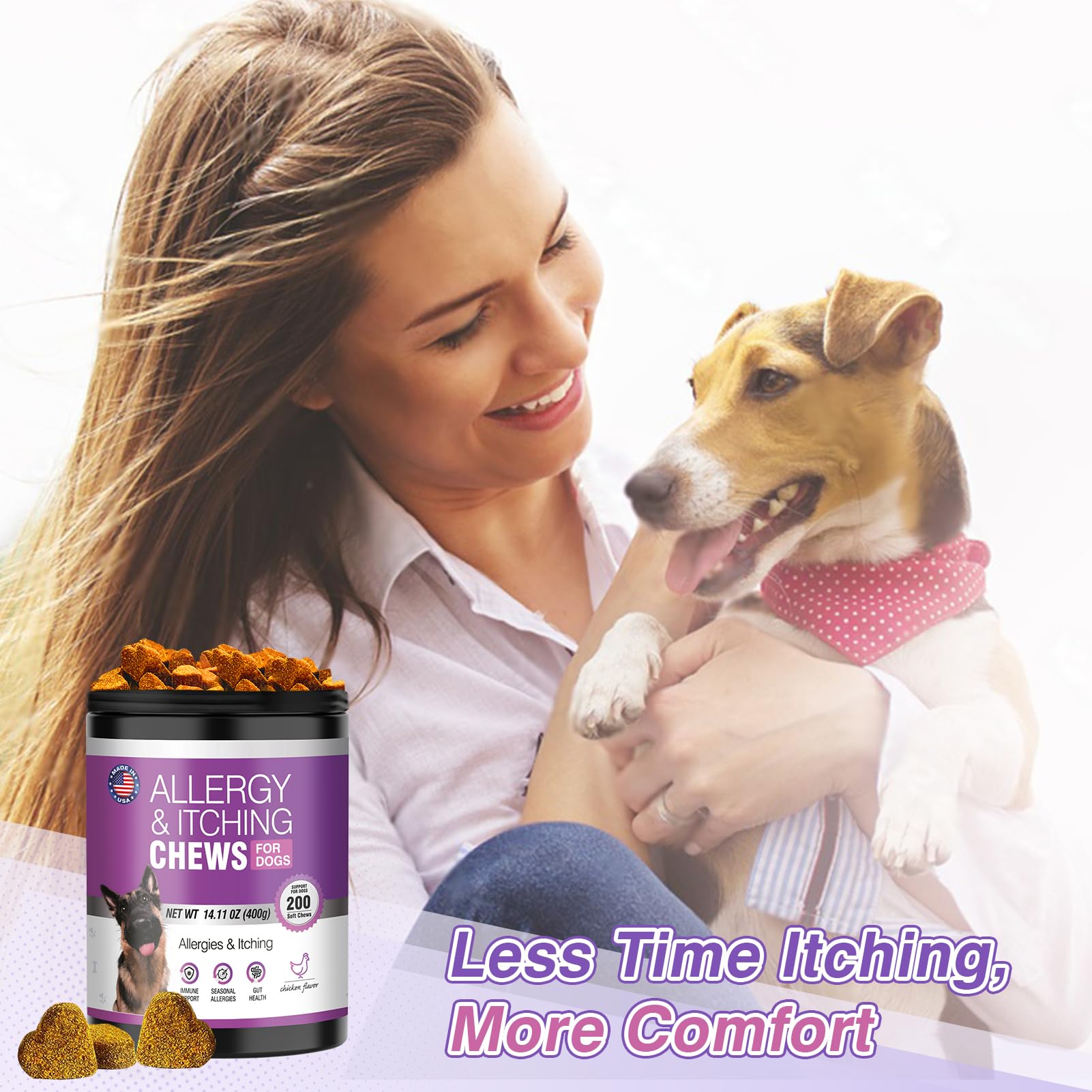 TTLXRL Dog Allergy Chews jar label highlights 200-chew supply