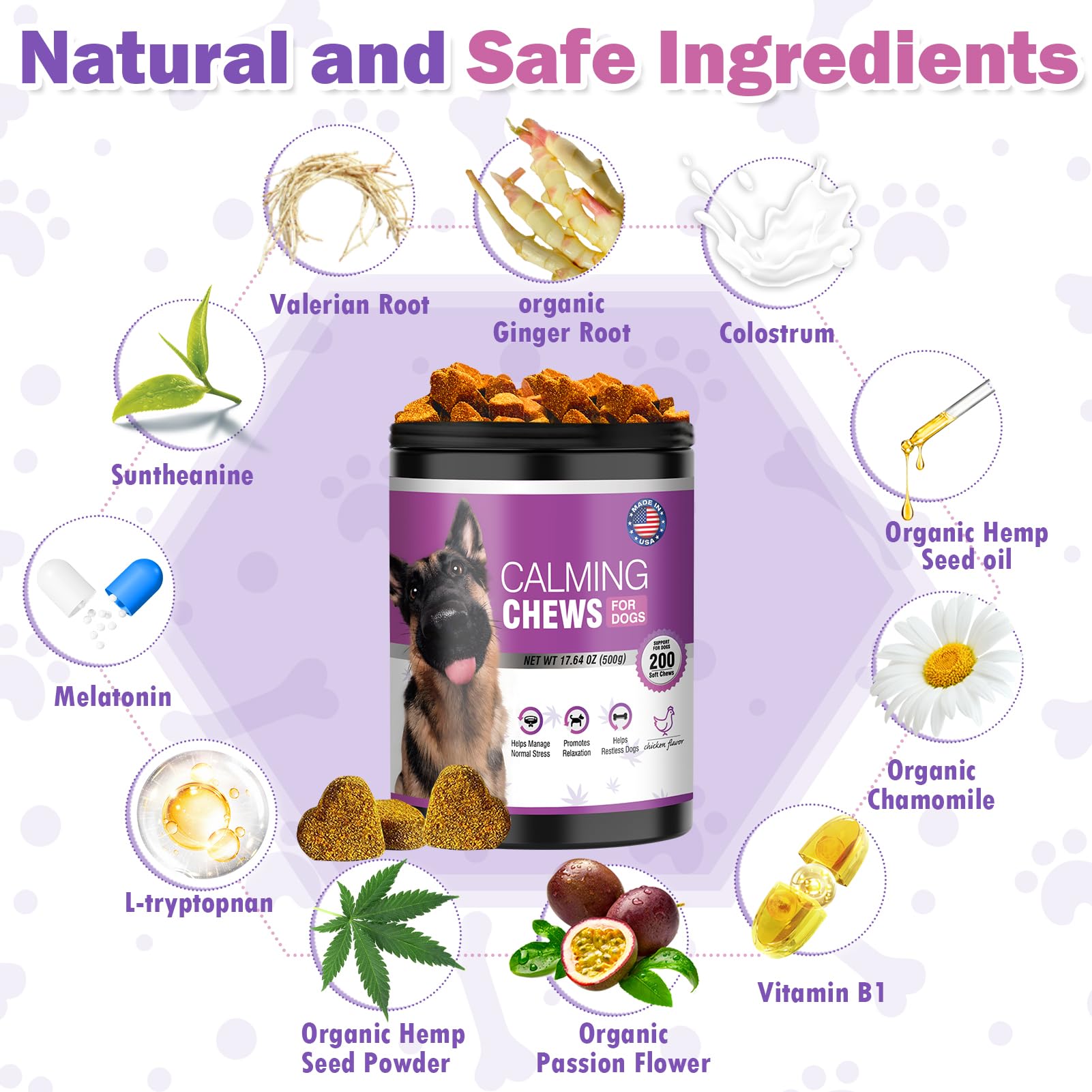 TTLXRL hemp calming chews dog pack showing 12 hour calm potential during storms