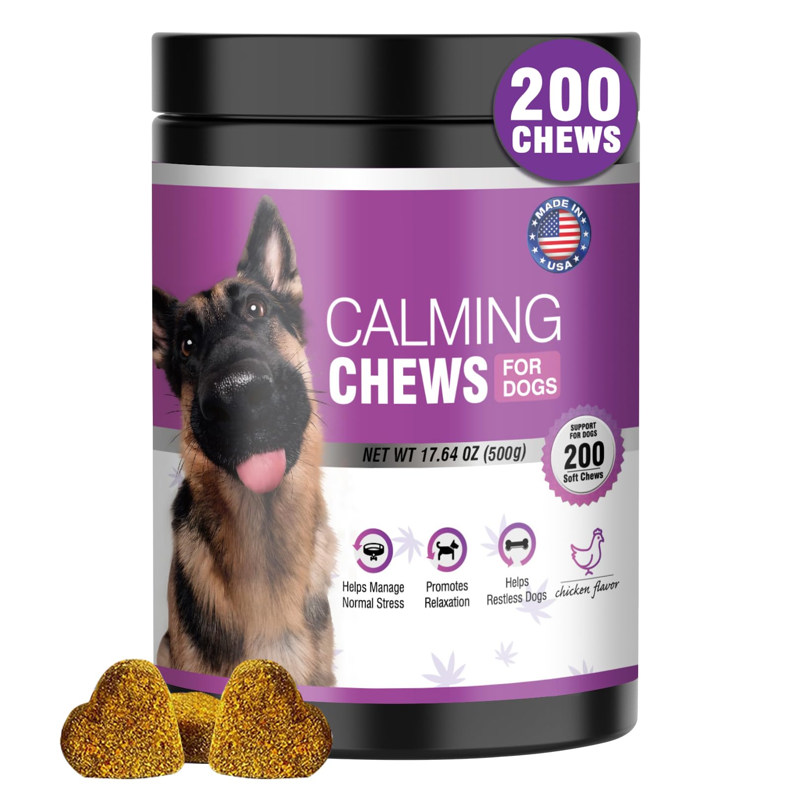 TTLXRL hemp calming chews packaging display showing 200 count bottle for dog stress relief
