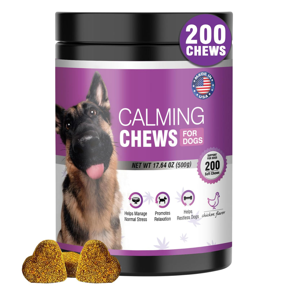 TTLXRL hemp calming chews packaging display showing 200 count bottle for dog stress relief
