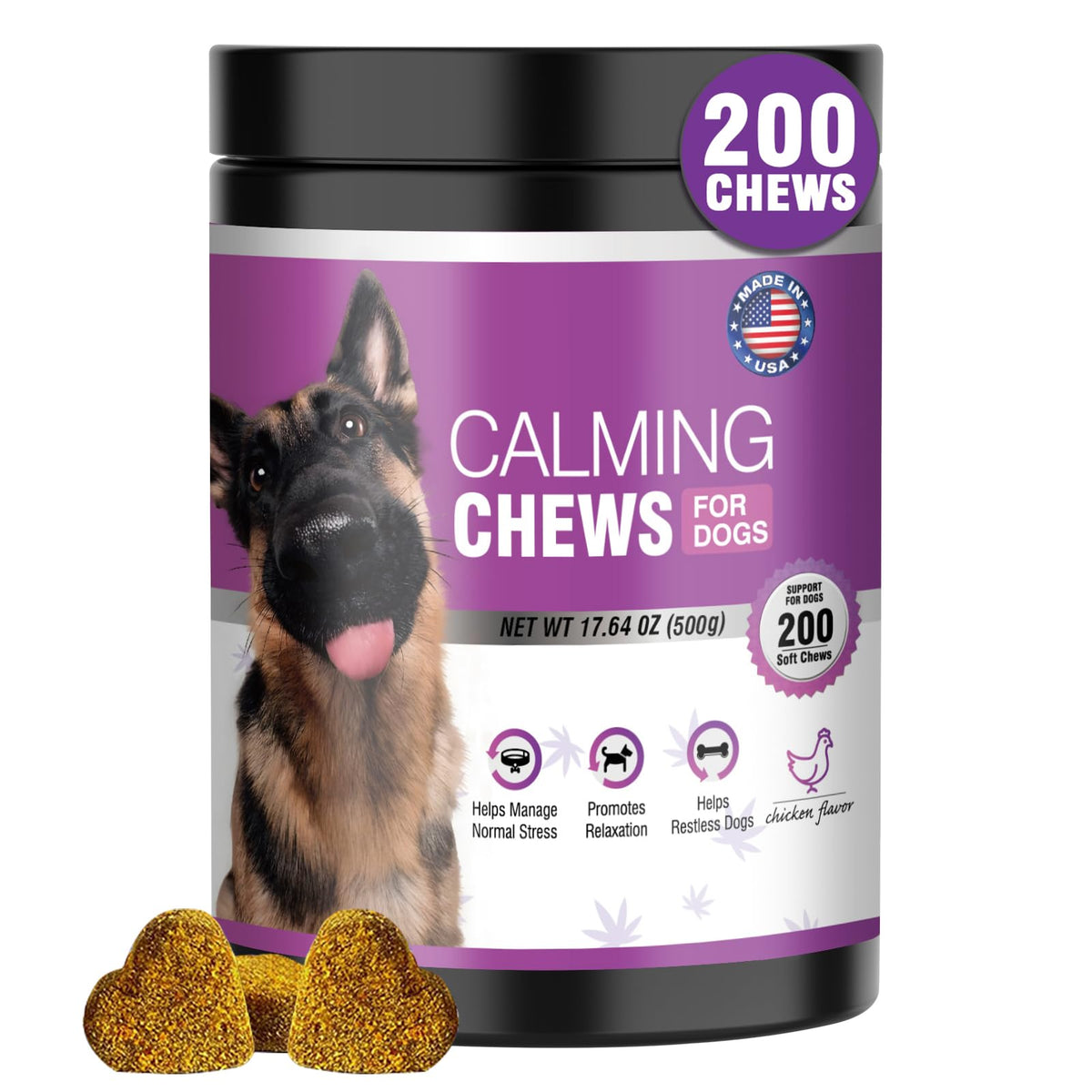 TTLXRL hemp calming chews packaging display showing 200 count bottle for dog stress relief