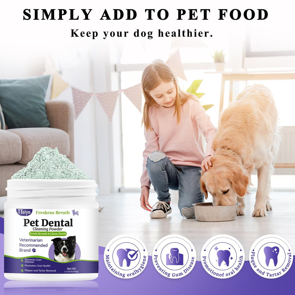 TTsiya dog teeth cleaning powder bottle label closeup reinforces trust and usage guidance.