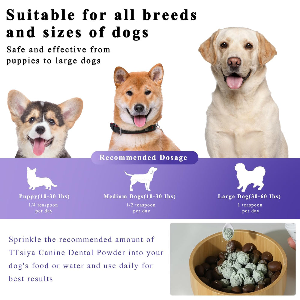TTsiya dog teeth cleaning powder green tea ingredients highlight natural plaque fighting power.