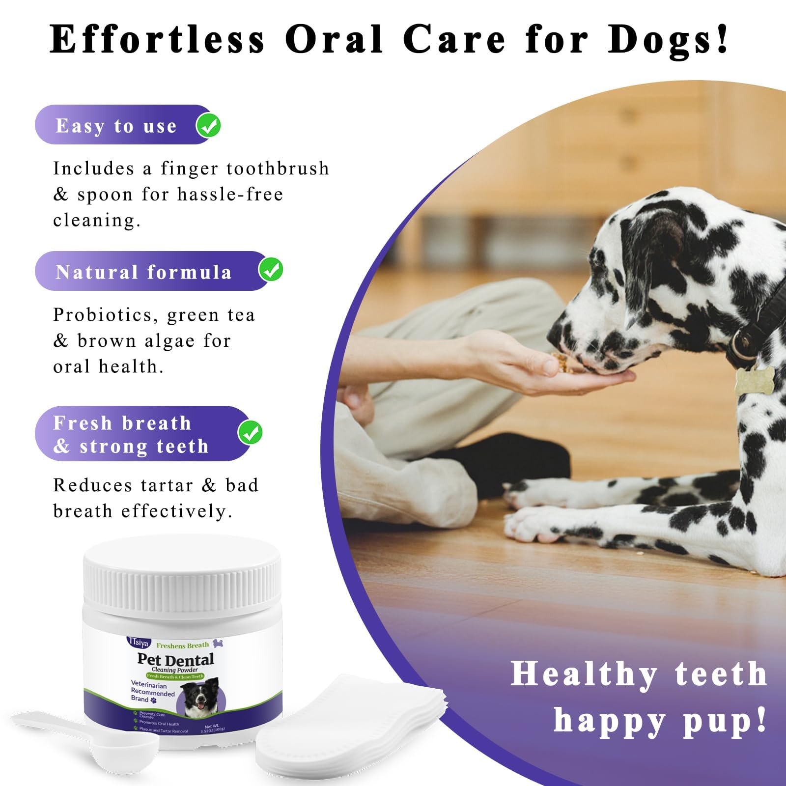 TTsiya dog teeth cleaning powder on food dish emphasizes easy daily routine for fresher breath.