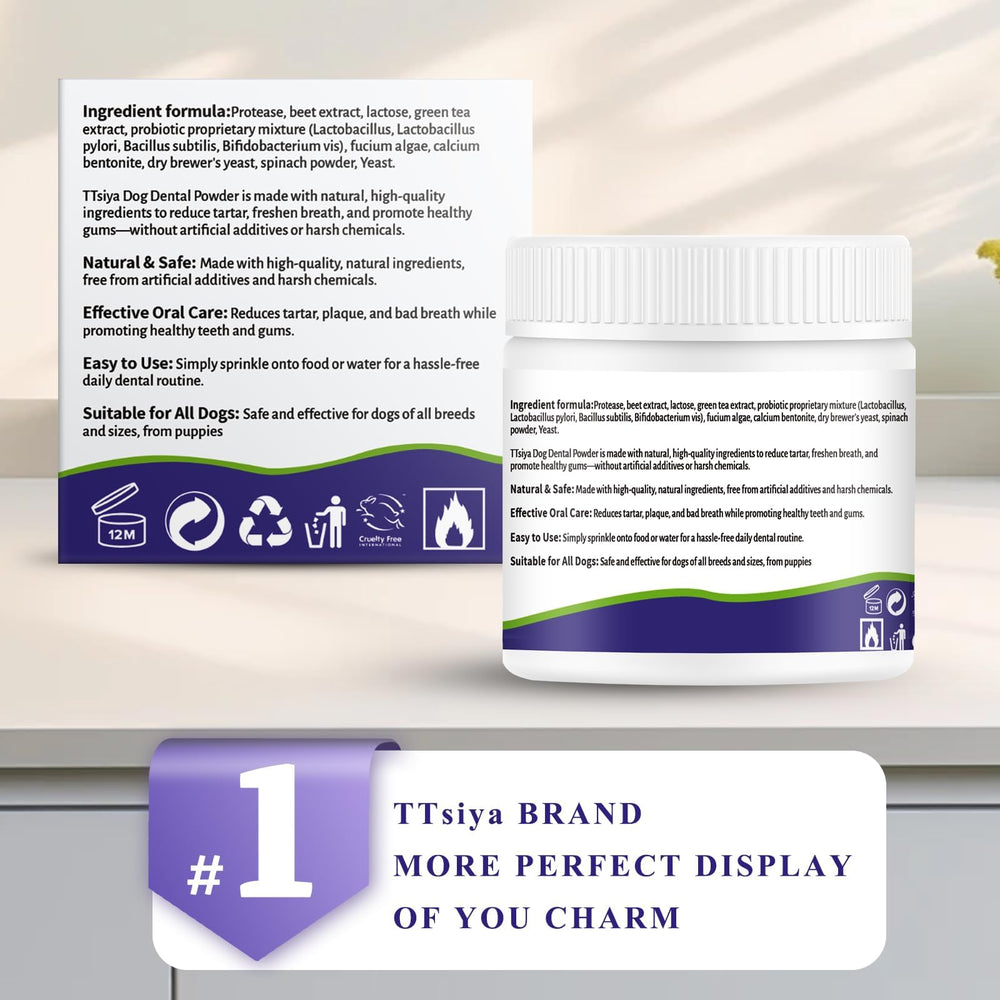 TTsiya dog teeth cleaning powder probiotics brown algae closeup hints at digestive health support.