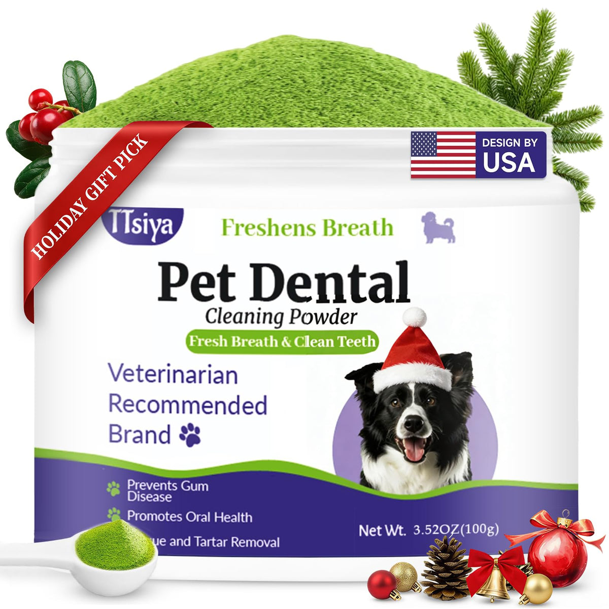 TTsiya dog teeth cleaning powder tin closeup shows convenient at home dental care.