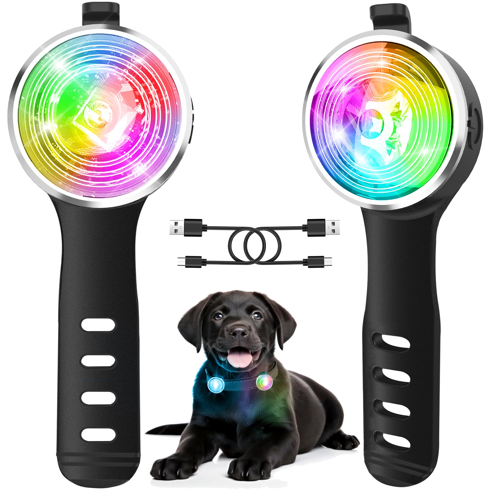 Tubasion dog light on collar shows bright lamp surface for safe night walks