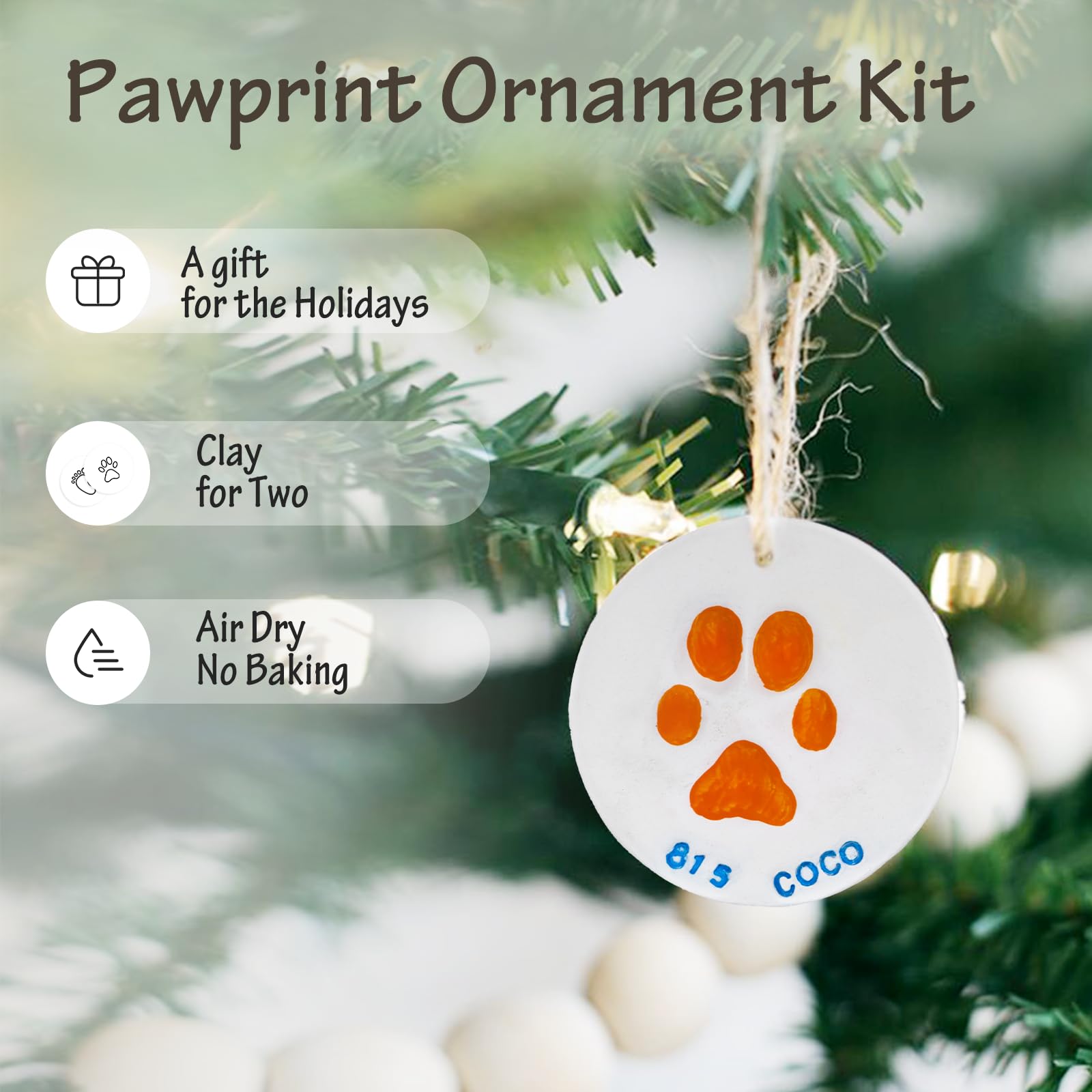 Paw print name stamps on crack-proof ornaments from Tubuui for personalization.
