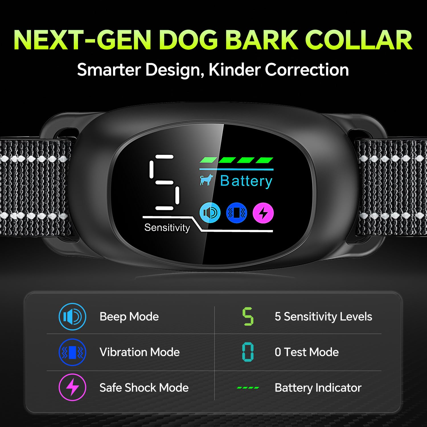 Tucnkac dog bark collar automatic-modes illustrates four options for gentle behavior shaping in daily walks.