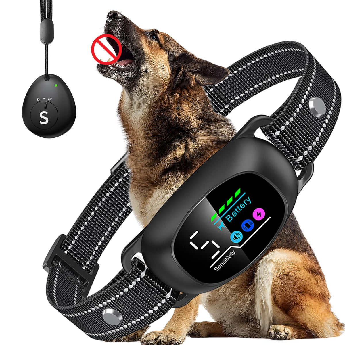 Tucnkac dog bark collar remote-display shows mode and battery life for easy on-the-fly training.