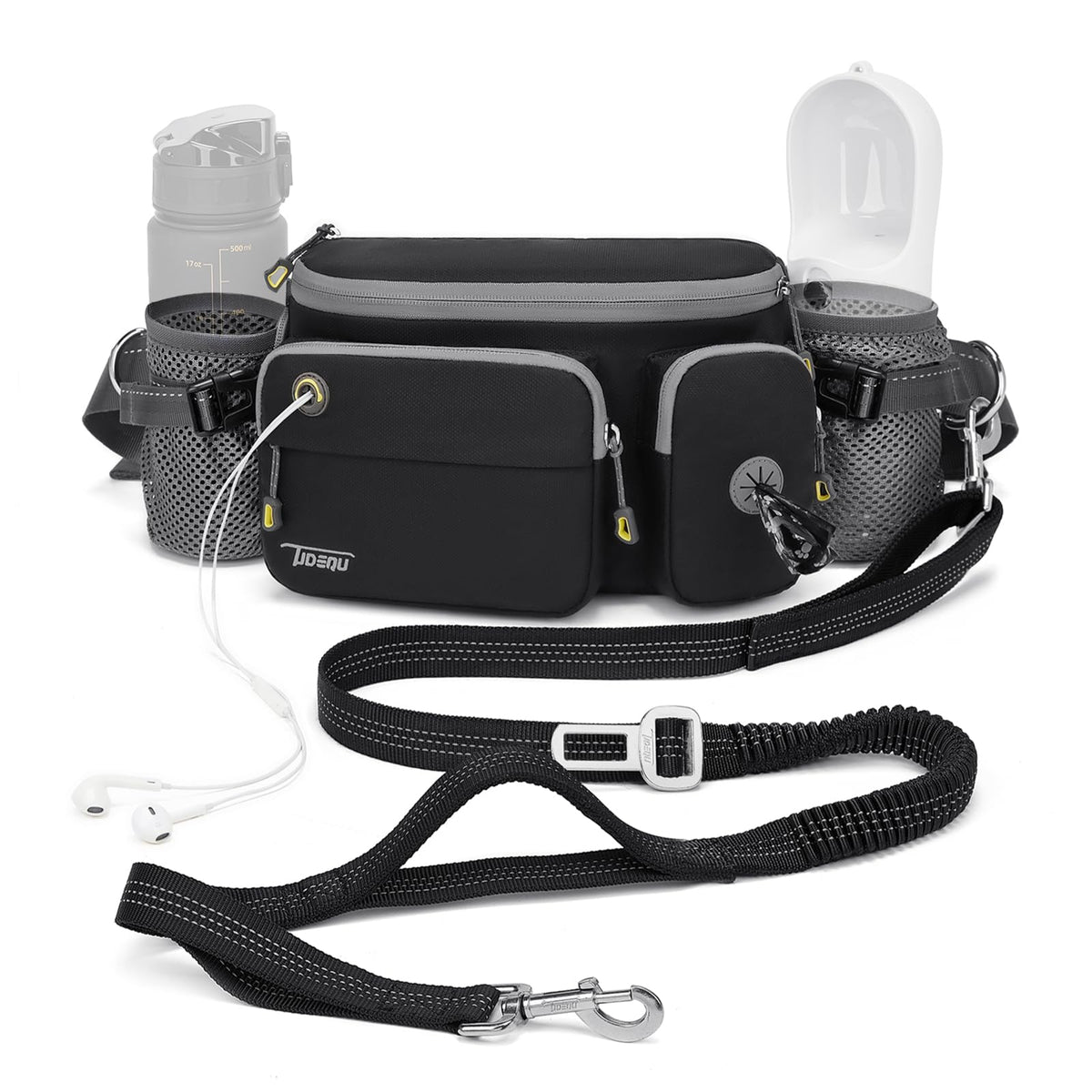 TUDEQU 4-in-1 dog walking belt front view for hands-free walking and quick access