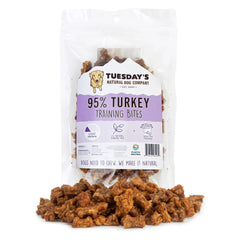 Tuesday's Turkey Training Bites bag closeup, ideal for training sessions and puzzle toy stuffing.