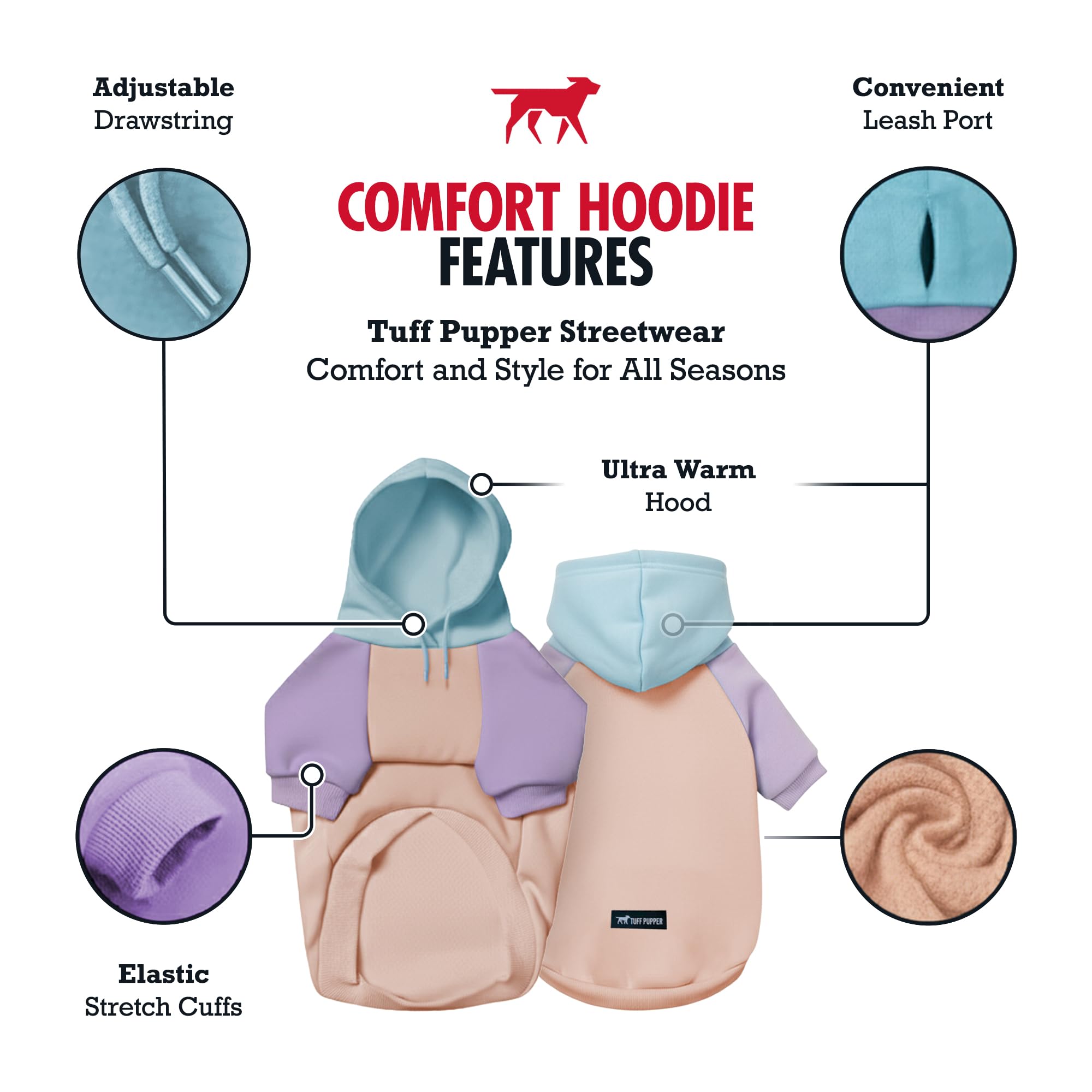 Tuff Pupper dog hoodie showing elastic cuffs for mobility and warmth.