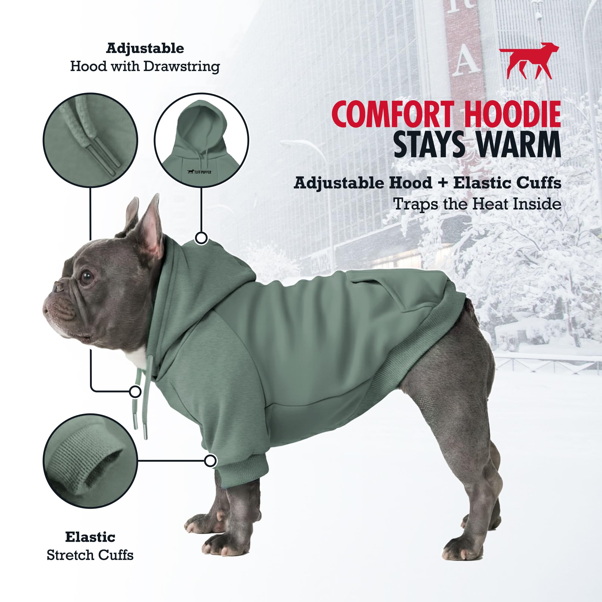 Tuff Pupper elastic waistband hoodie illustrates mess-free potty breaks in chilly weather