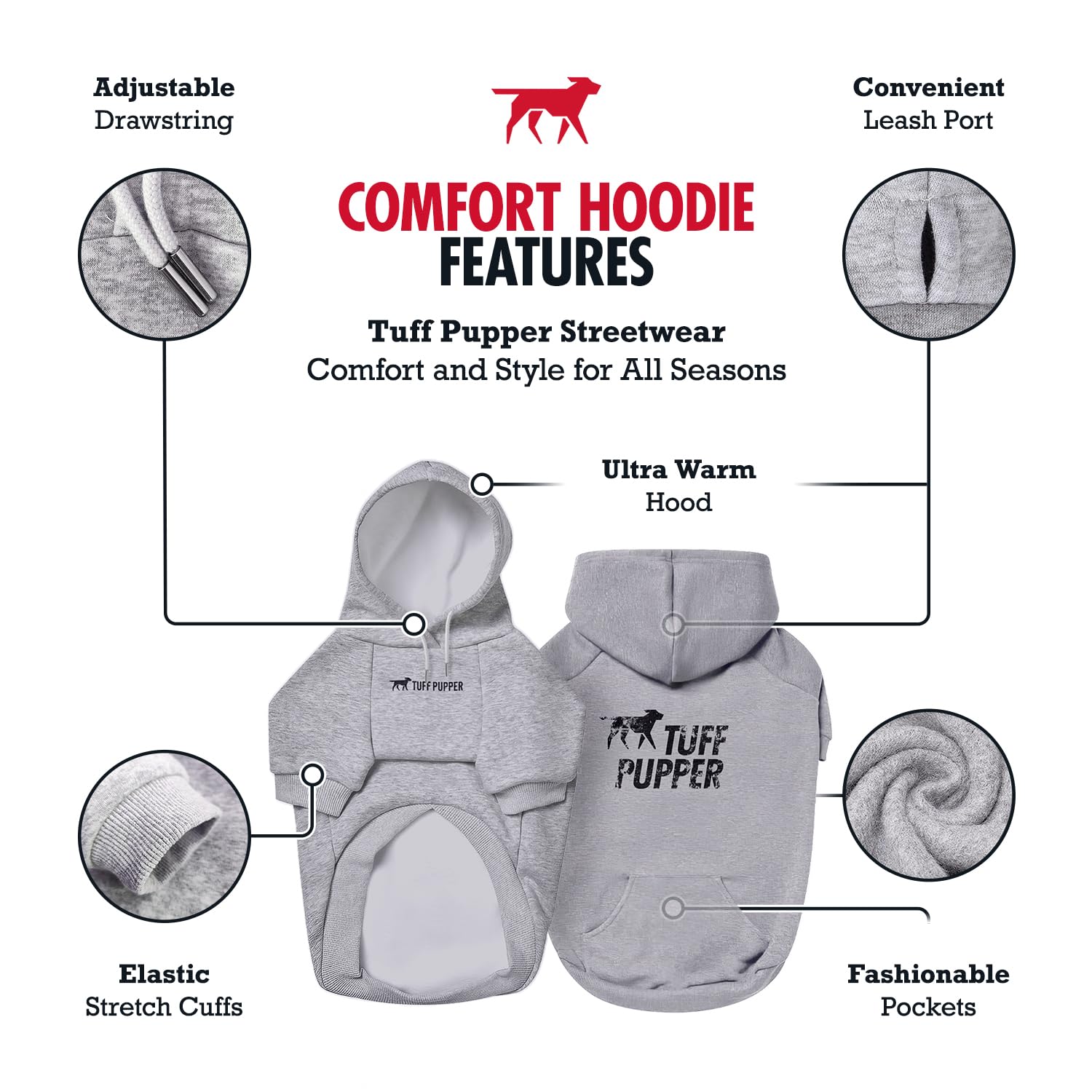 Tuff Pupper dog hoodie gray back view highlights full-body warmth during outdoor sessions.