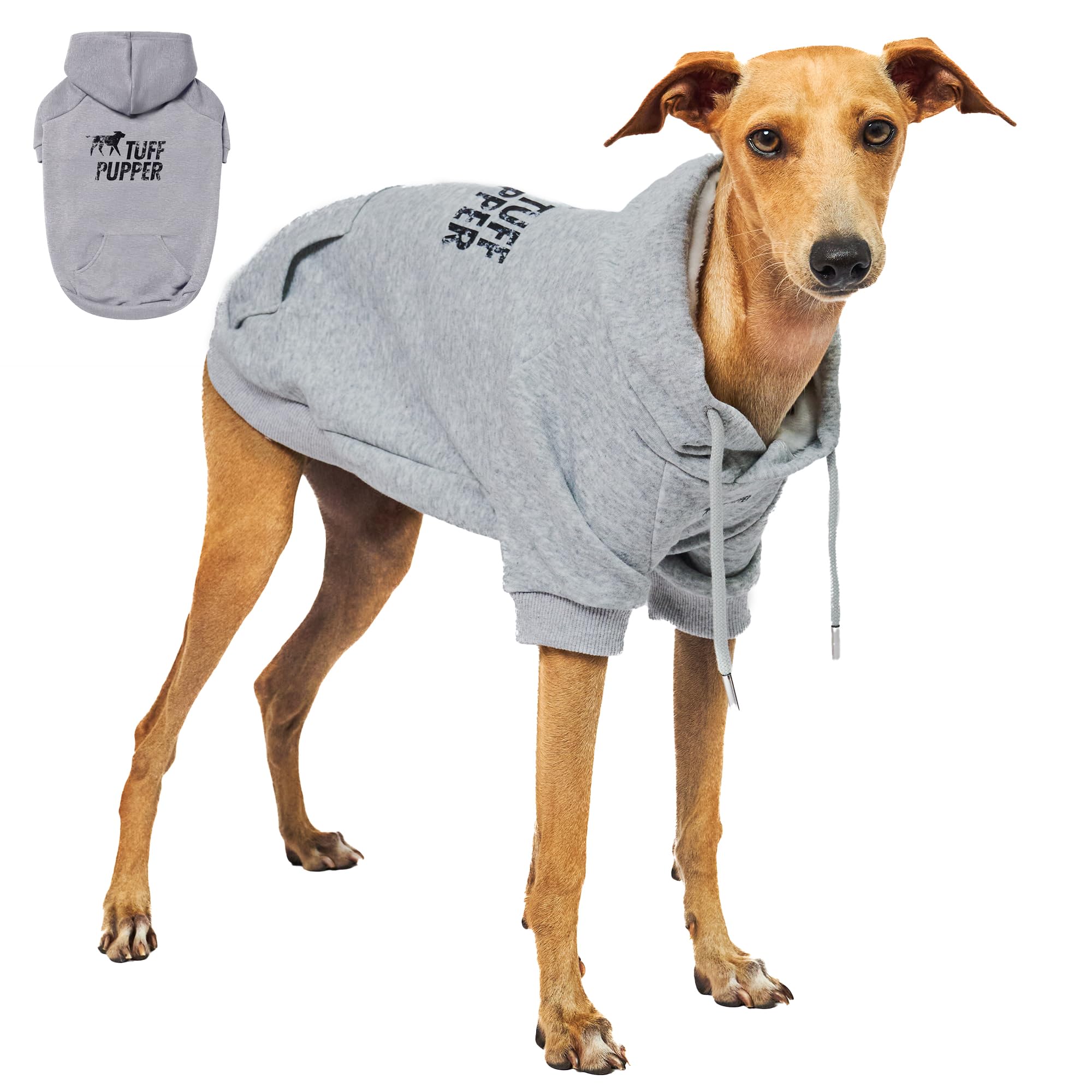 Tuff Pupper dog hoodie gray XS front view shows cozy warm lining for chilly walks.