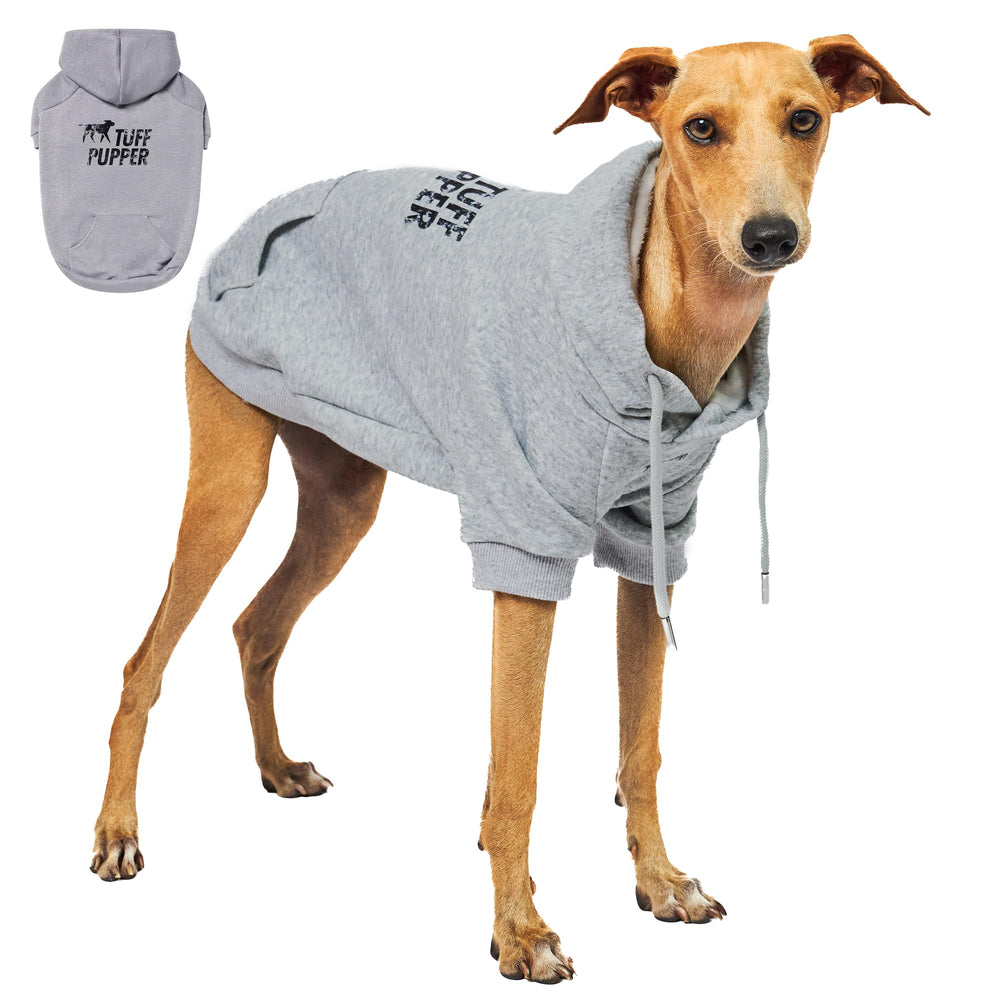 Tuff Pupper dog hoodie gray XS front view shows cozy warm lining for chilly walks.