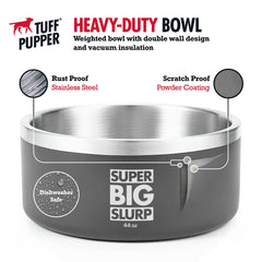 Tuff Pupper double-wall stainless steel bowl close-up highlights cold water retention.