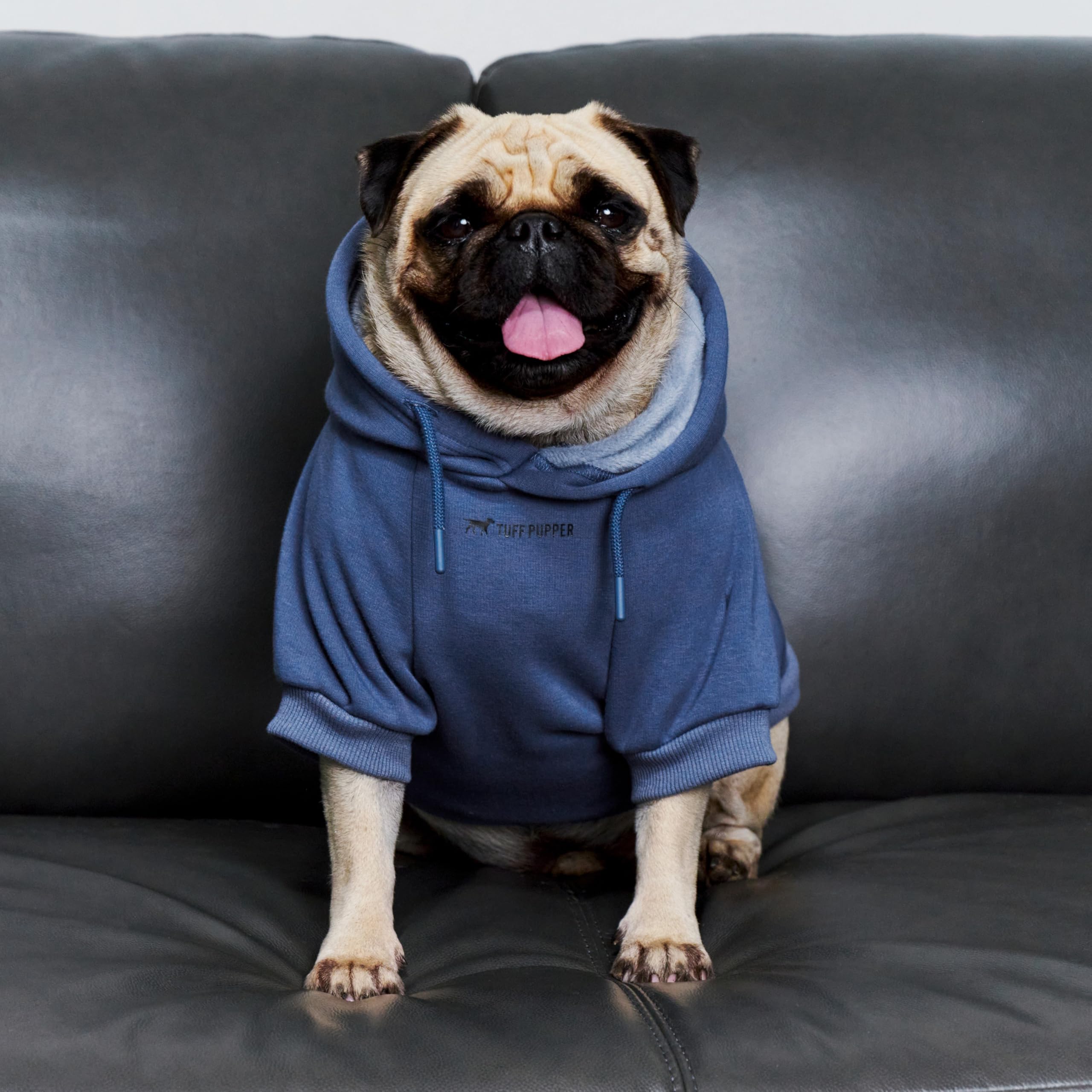Tuff Pupper blue hoodie showcases durable stitching and long-lasting quality.