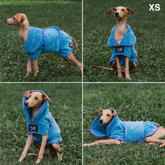 Tuff Pupper elastic leg straps securing robe during wriggles