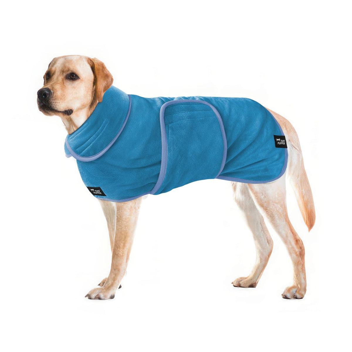 Tuff Pupper fast drying dog robe blue back view accelerates post-bath drying.