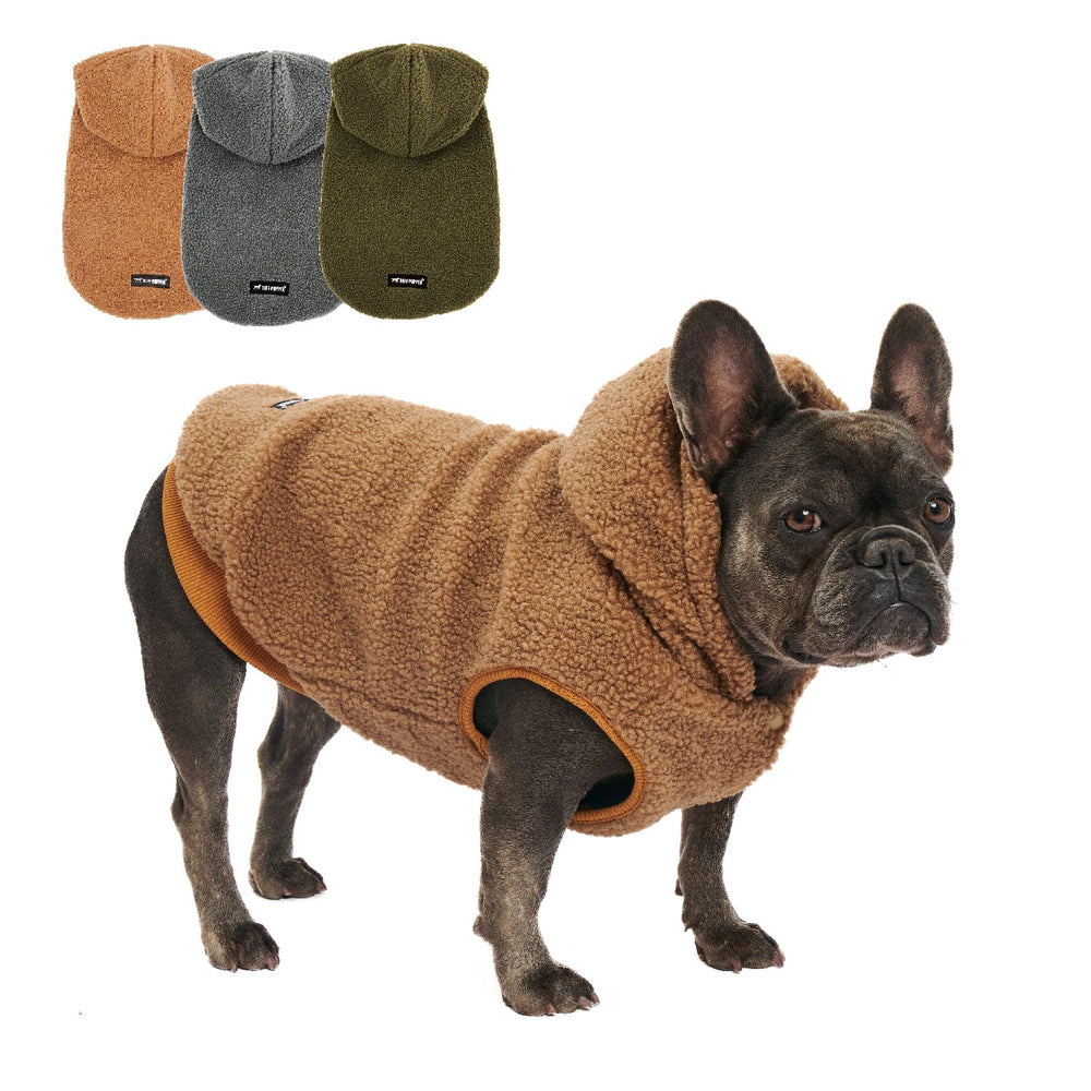 Tuff Pupper fleece dog hoodie brown front view shows adjustable chest fit for warmth