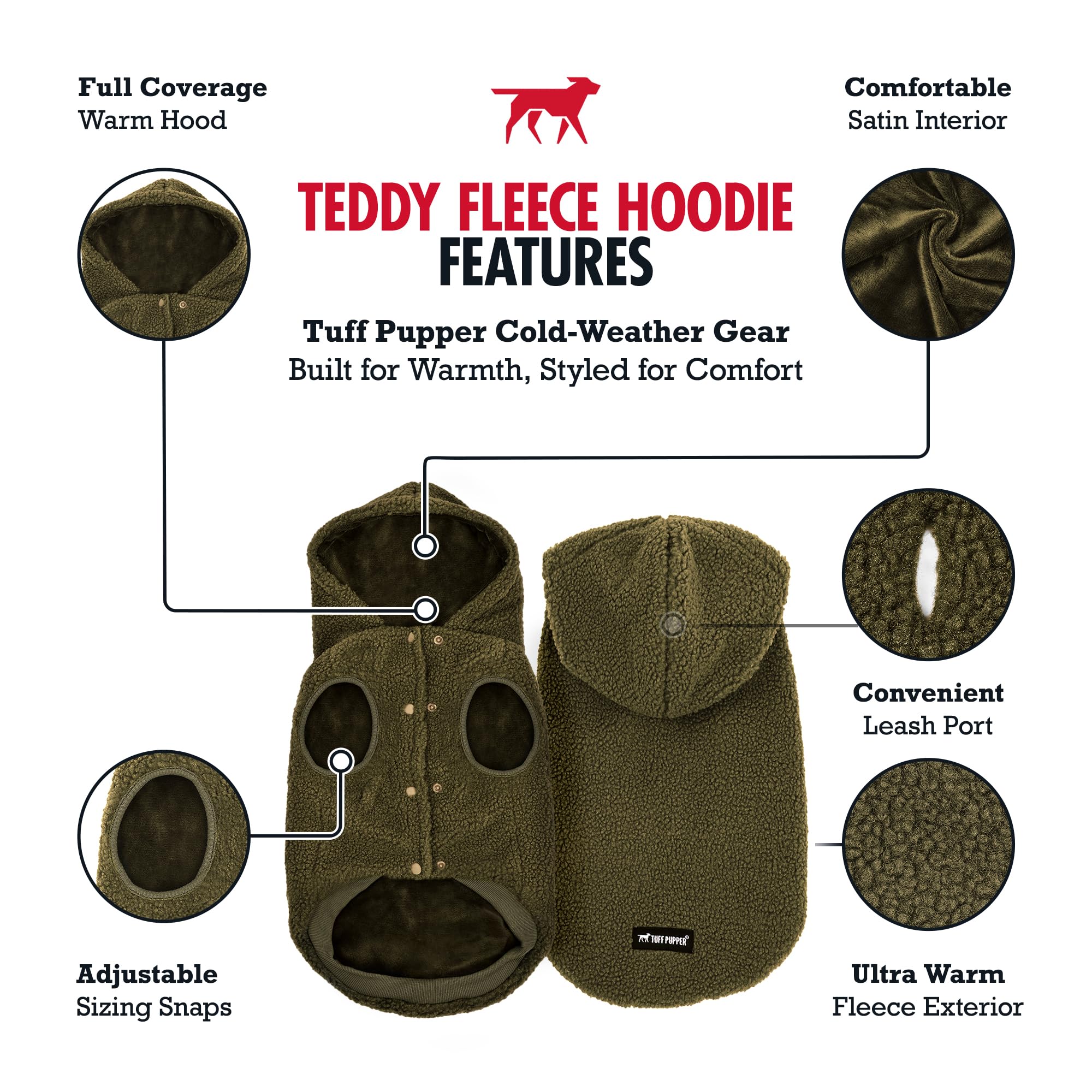 Tuff Pupper fleece dog hoodie olive XL back view highlights cozy polar fleece warmth.