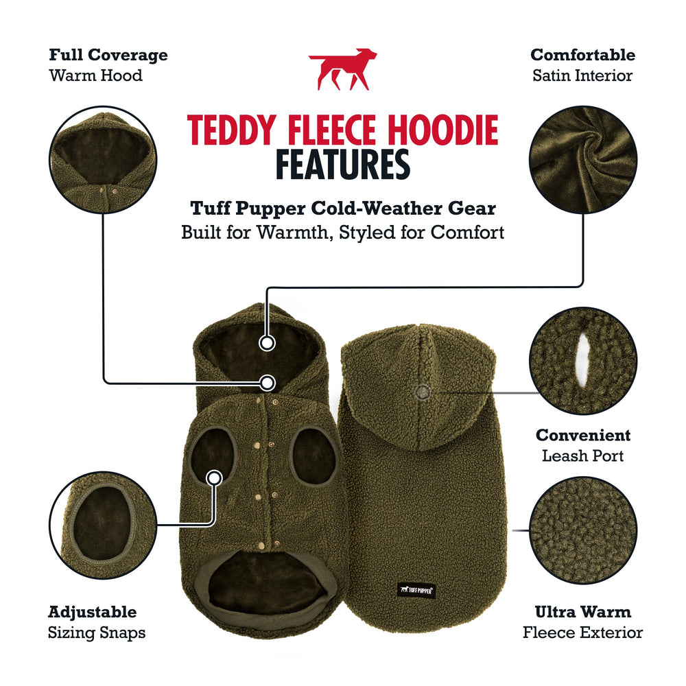 Tuff Pupper fleece dog hoodie olive XL back view highlights cozy polar fleece warmth.