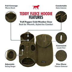 Tuff Pupper fleece dog hoodie olive XL back view highlights cozy polar fleece warmth.