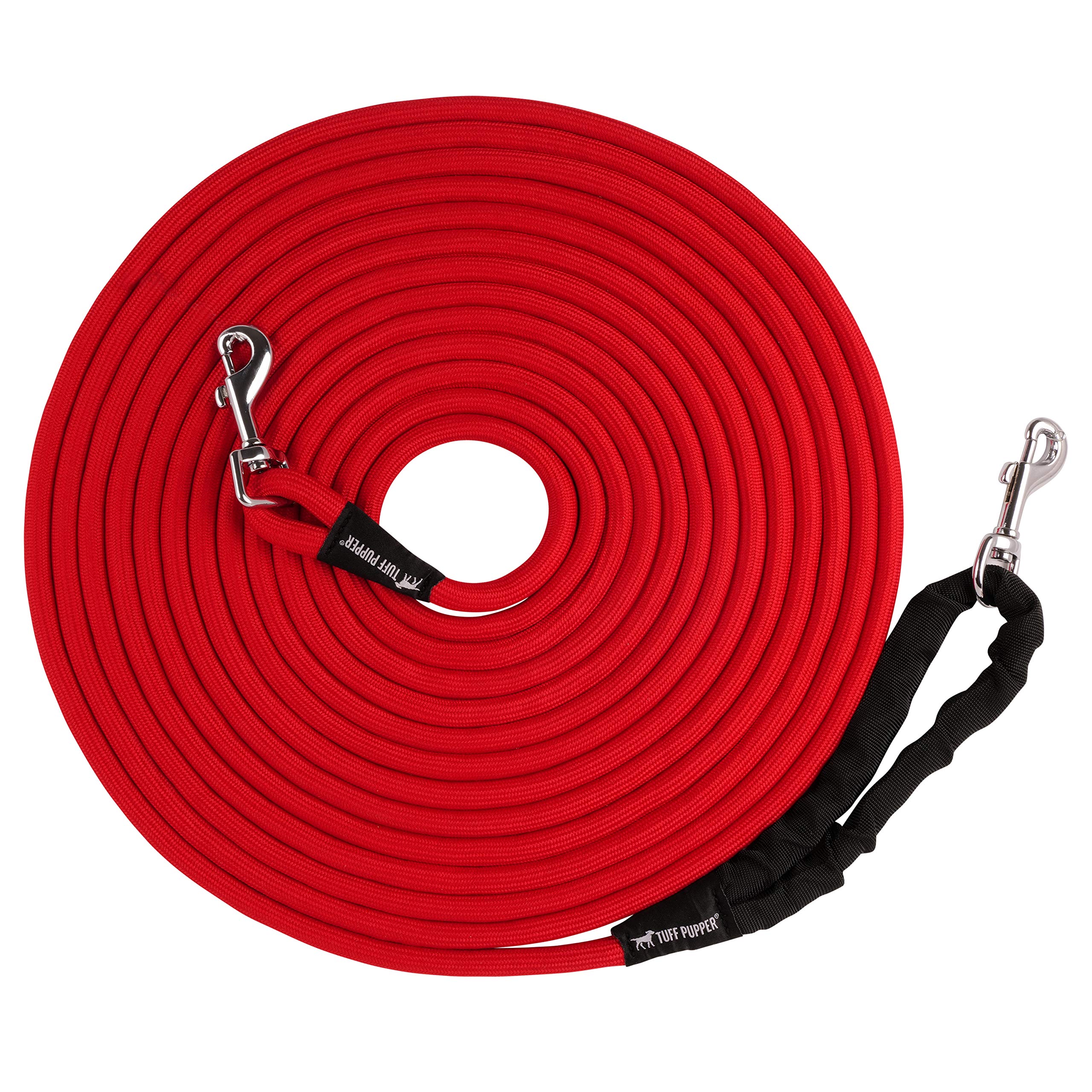 Tuff Pupper heavy-duty 30ft rope leash extended for long-line training sessions.