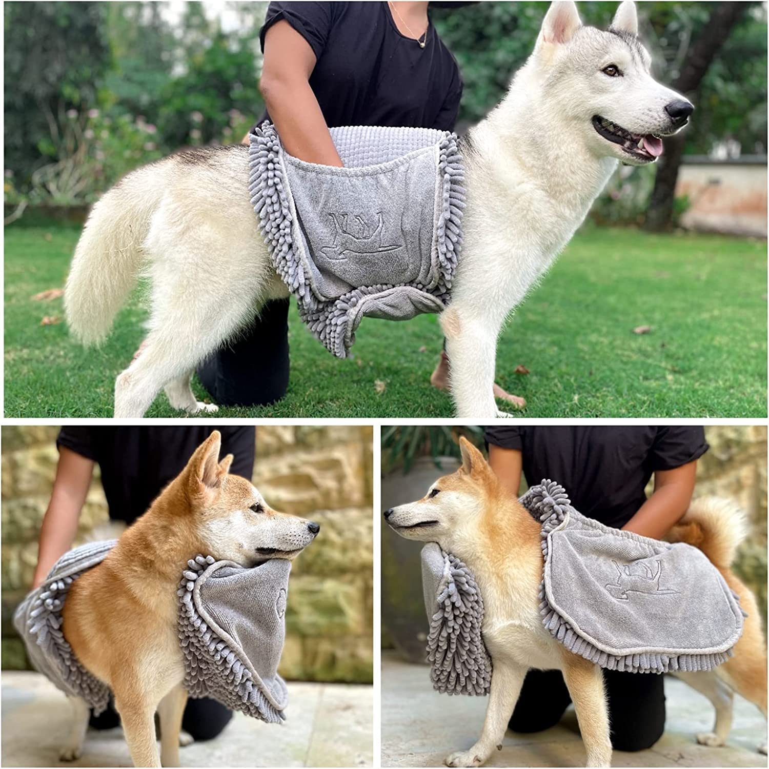 Tuff Pupper Indoor Outdoor Use scene demonstrates versatile towel for home or travel.
