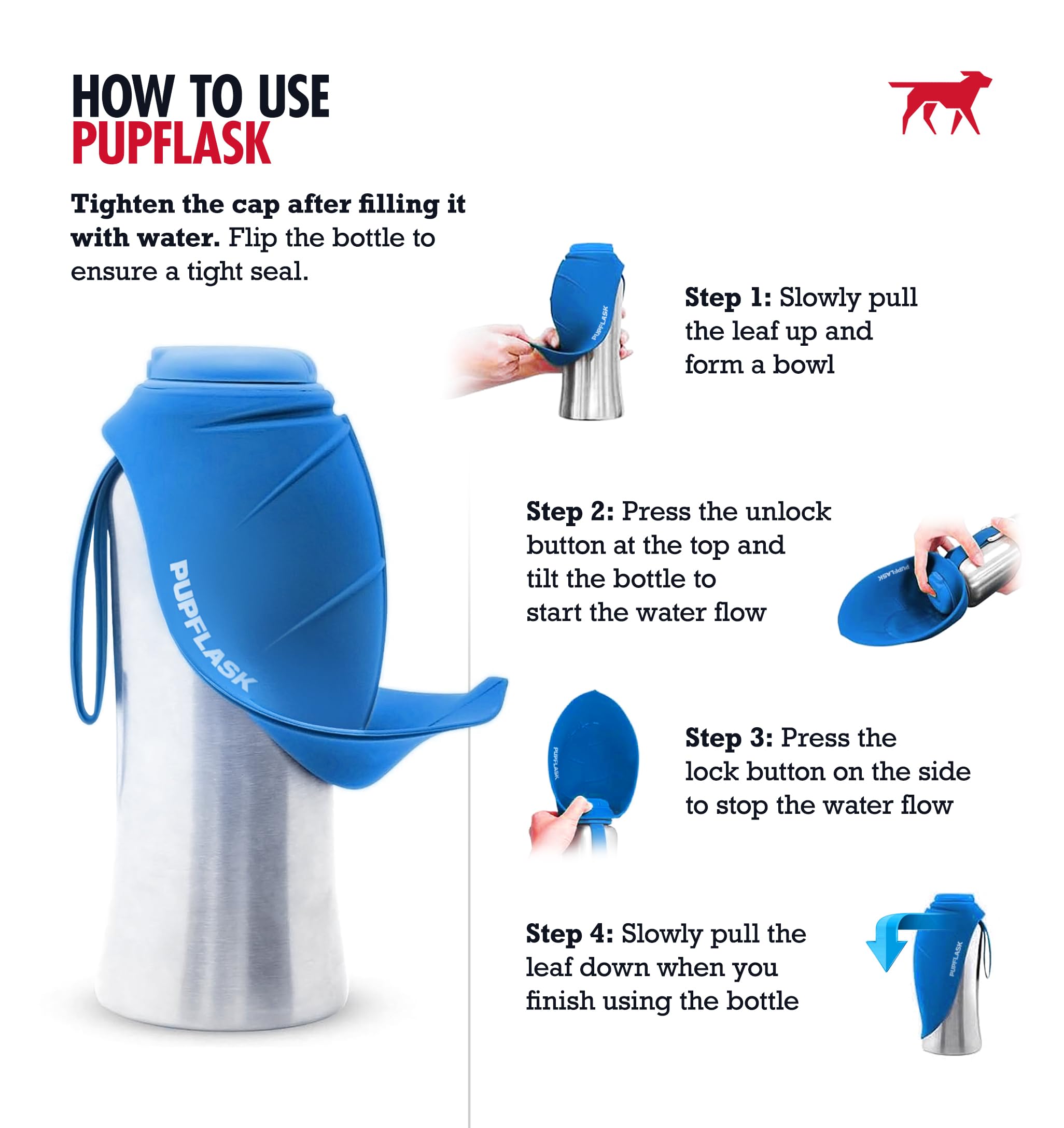 Tuff Pupper PupFlask leaf-shaped bowl over bottle saves space when not in use.