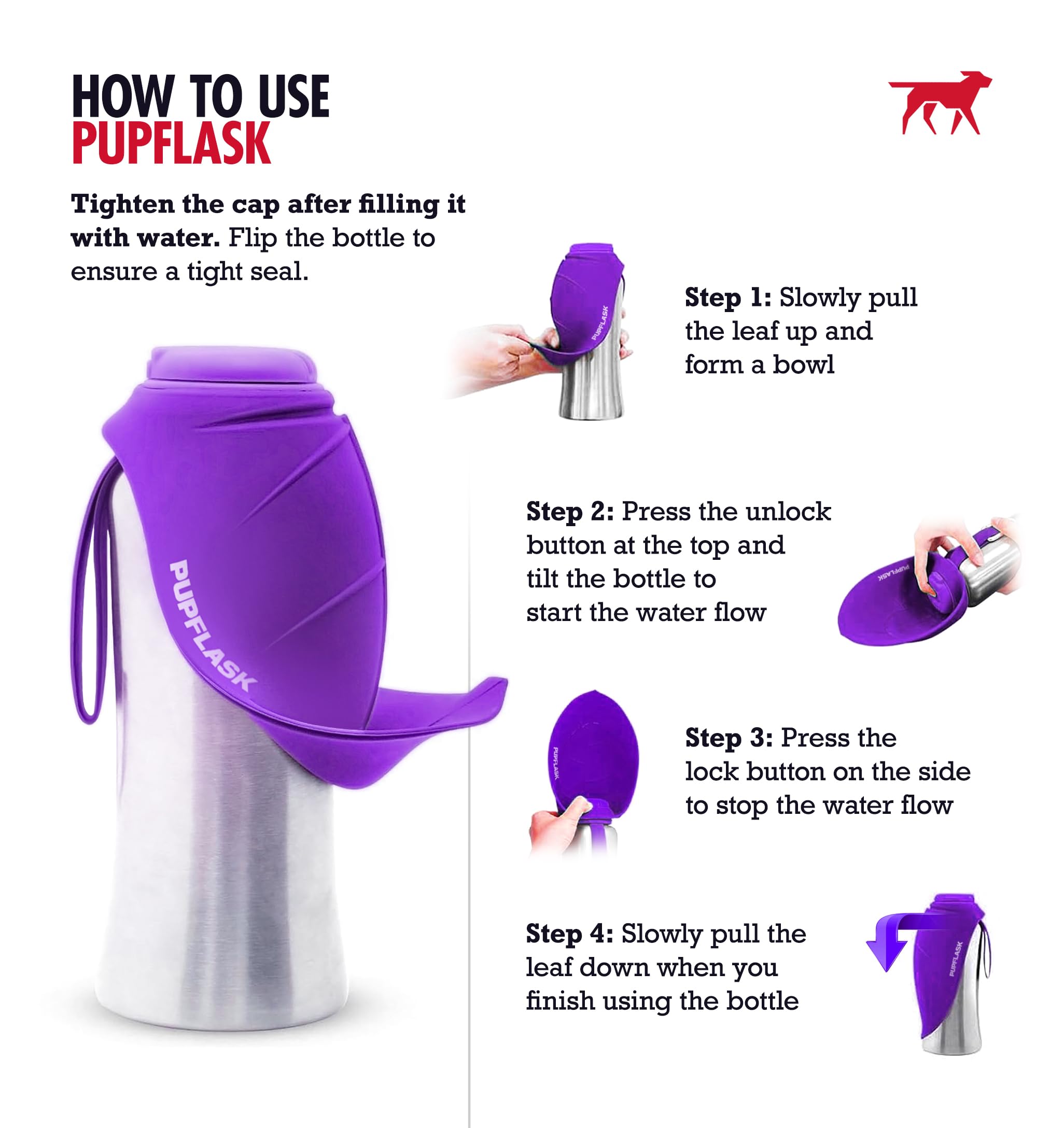 Silicone top of PupFlask opens to reveal a large drinking cup