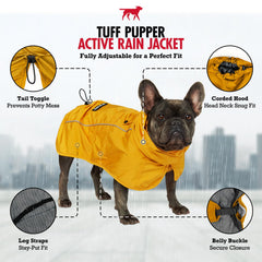 Tuff Pupper raincoat back view shows full coverage from neck to tail in rain.