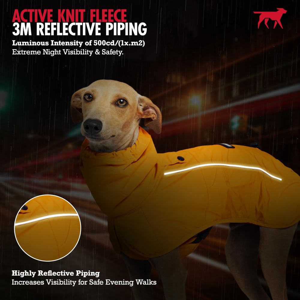Tuff Pupper raincoat hood adjustment yellow offers flexible rain protection without blocking vision.