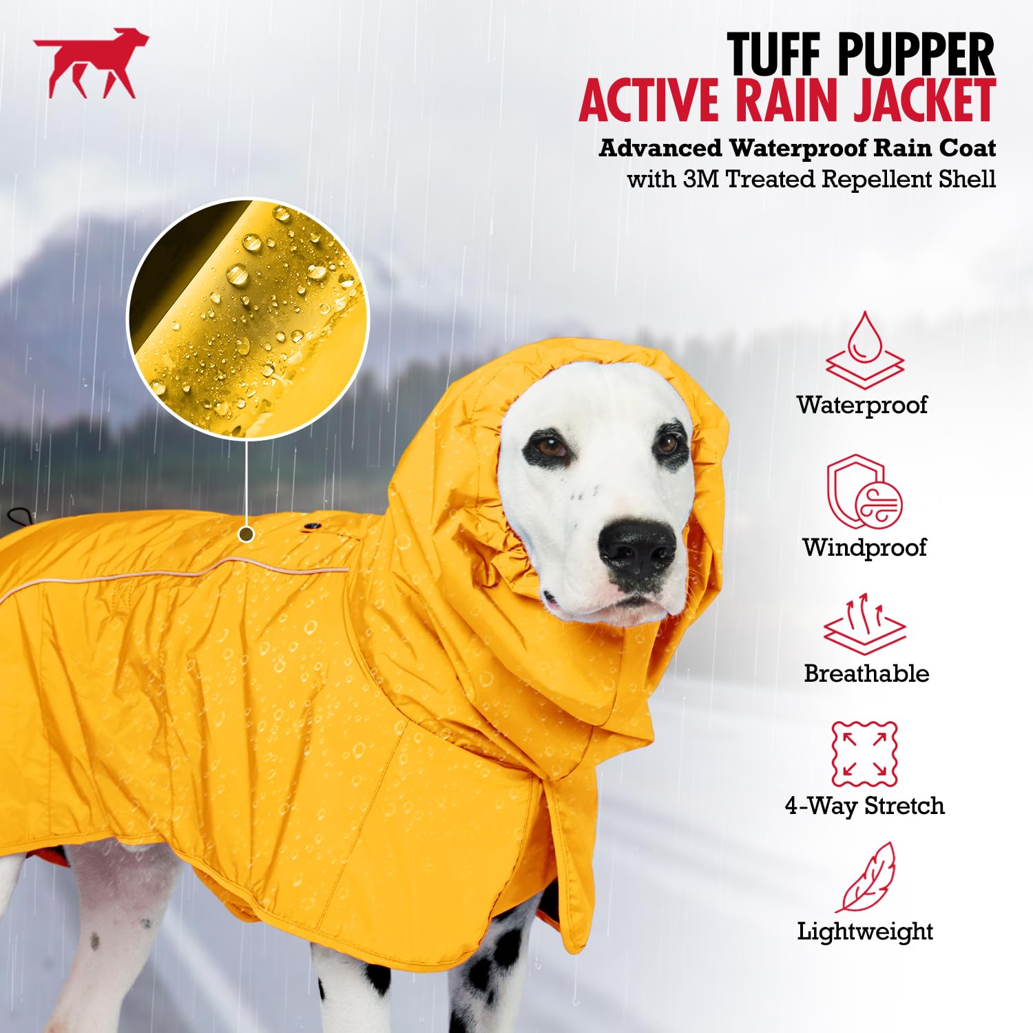 Tuff Pupper raincoat leash-hole yellow allows leash or harness access without removing.