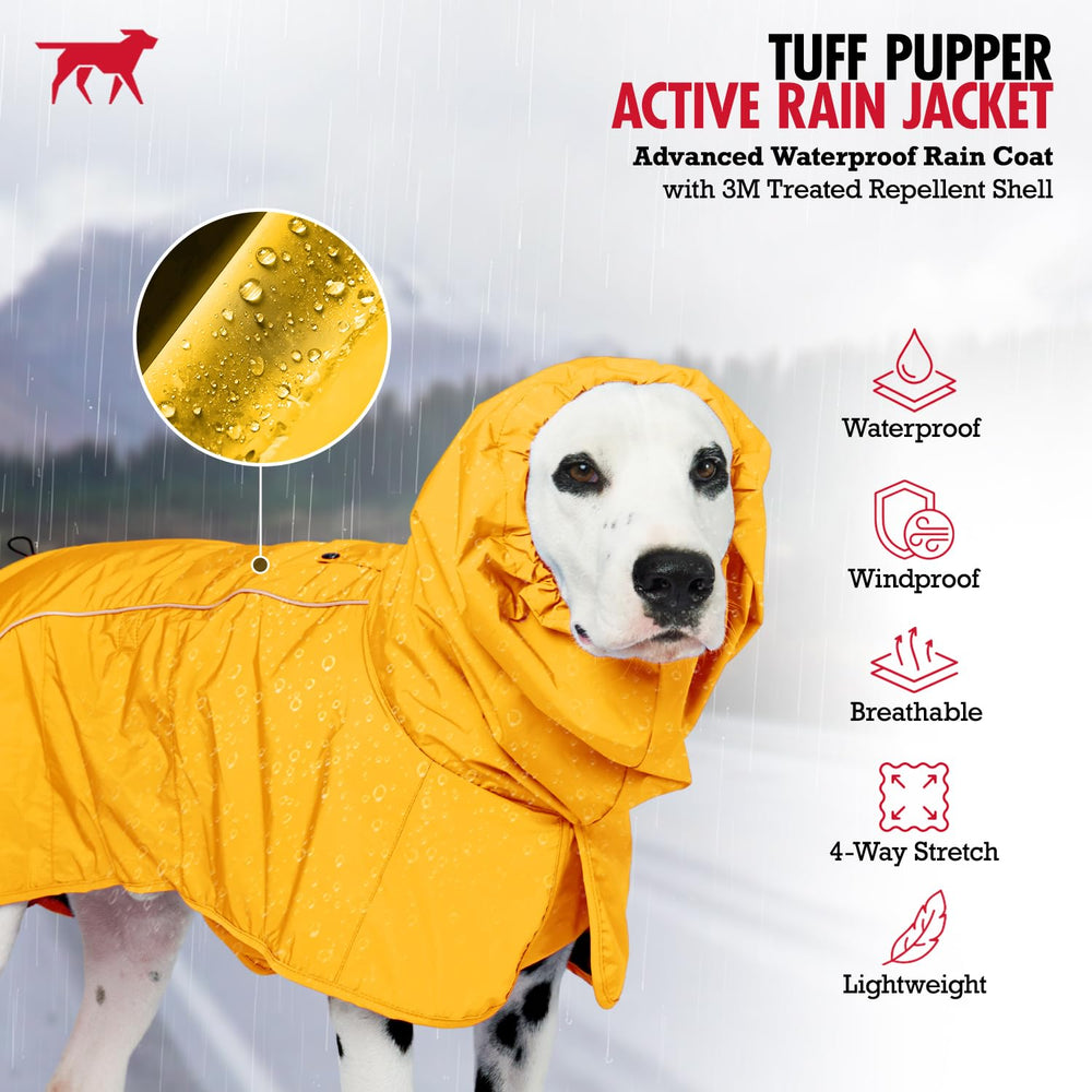 Tuff Pupper raincoat leash-hole yellow allows leash or harness access without removing.