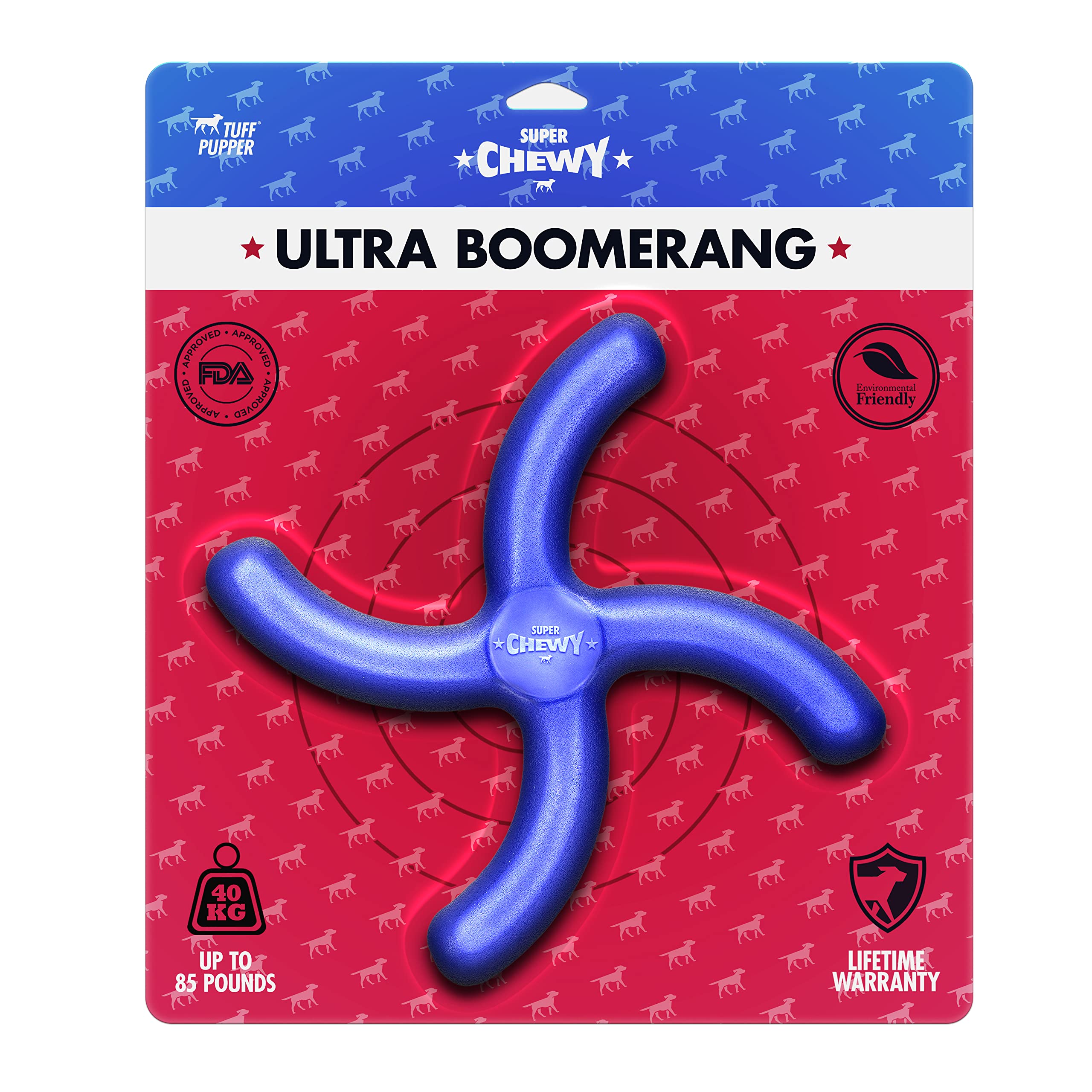 Tuff Pupper SuperChewy boomerang during fetch enhances focus and training.