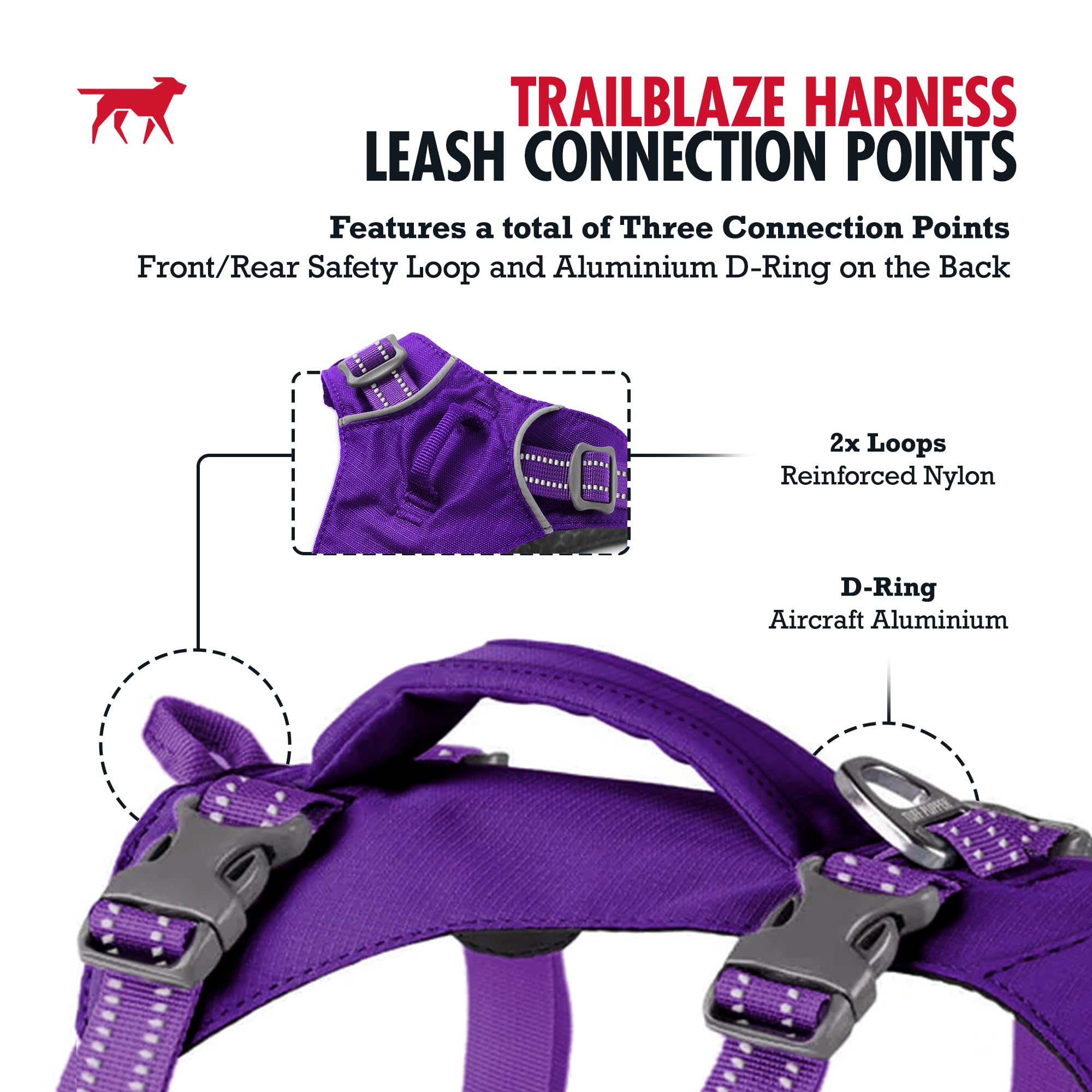 Back leash attachments provide daily-use versatility on the TrailBlaze harness