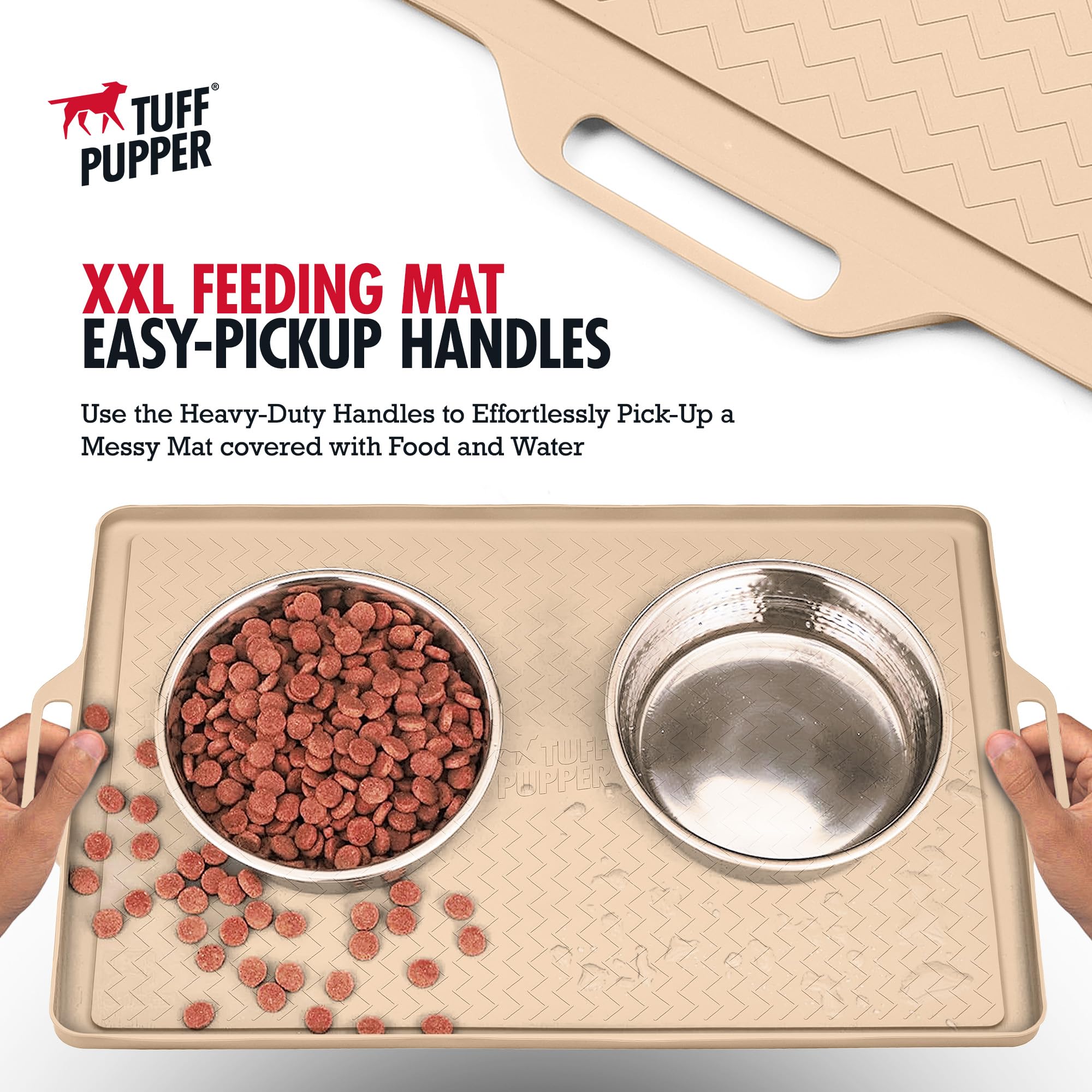 Tuff Pupper mat with large handles for easy carrying after meals.