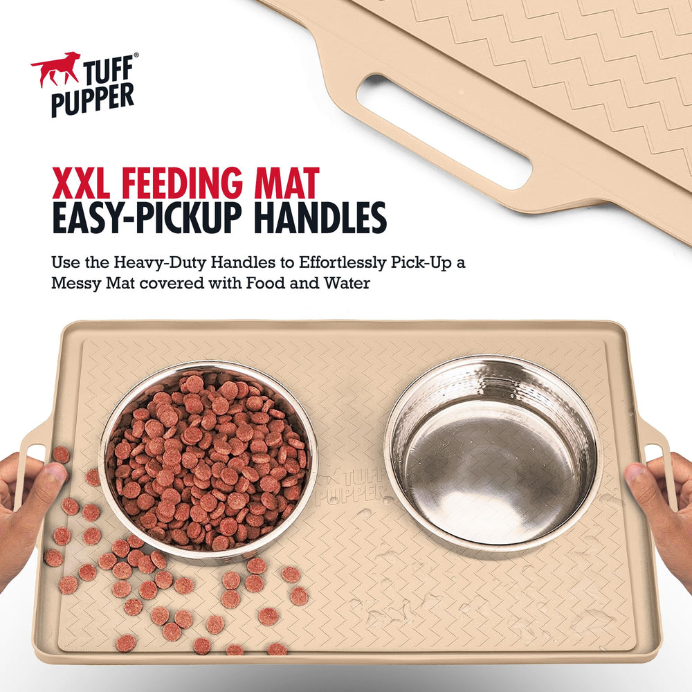 Tuff Pupper mat with large handles for easy carrying after meals.