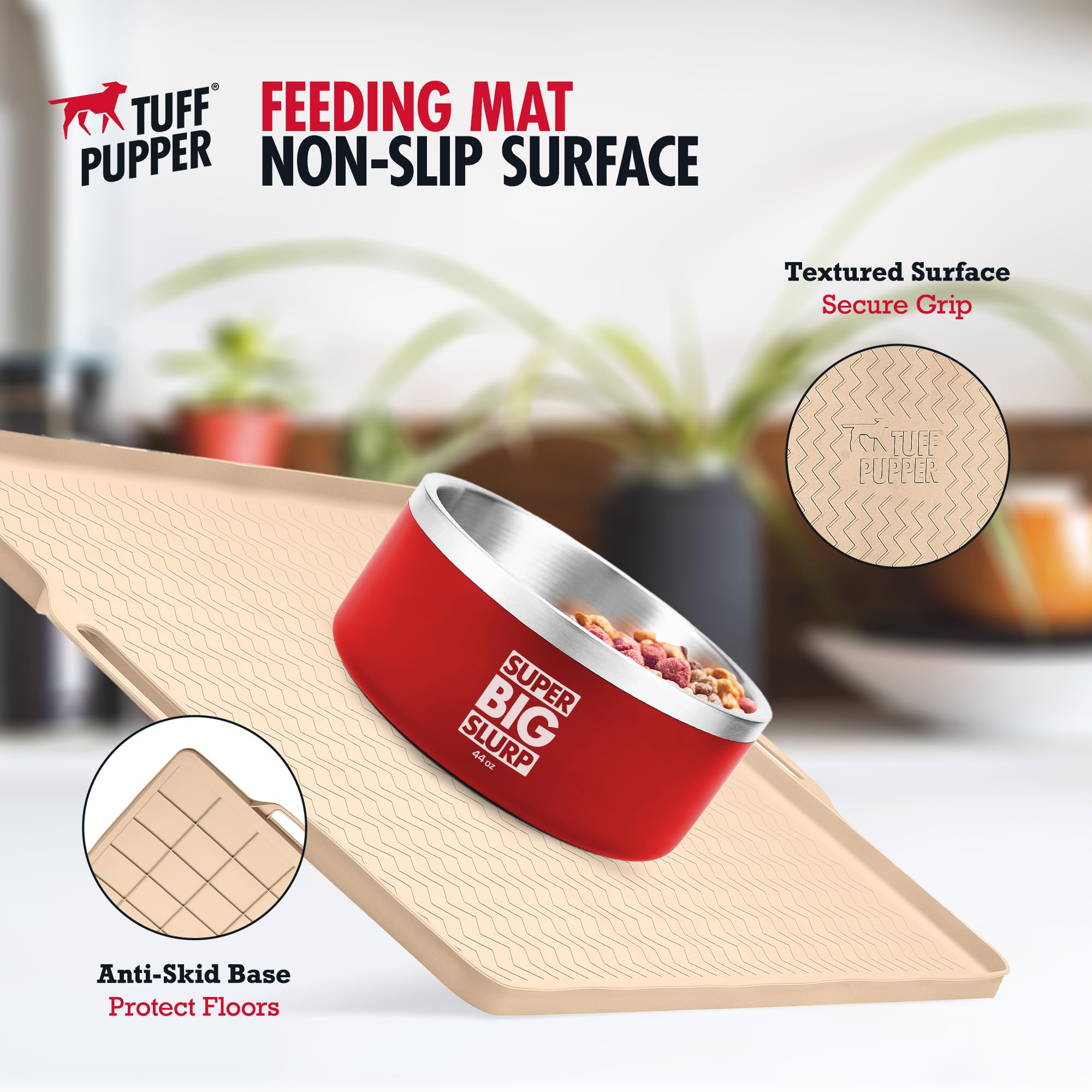 Tuff Pupper mat with raised edges to minimize spills by keeping kibble on the mat.