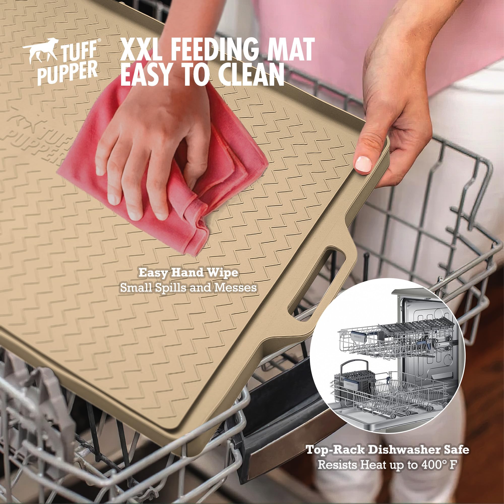Tuff Pupper mat's water gutter diverts splash, keeping the feeding area tidy.