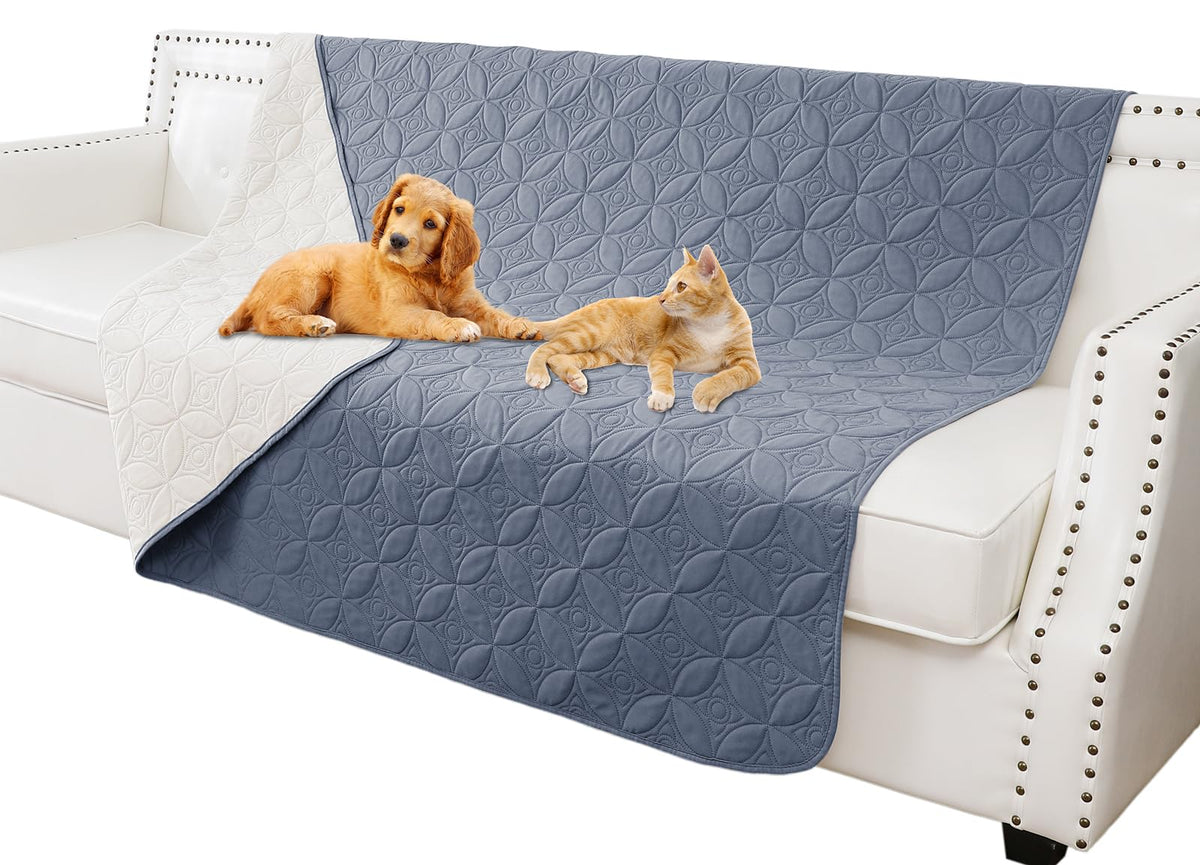 Tuffeel dog blanket in blue and cream protects furniture from fur and spills.