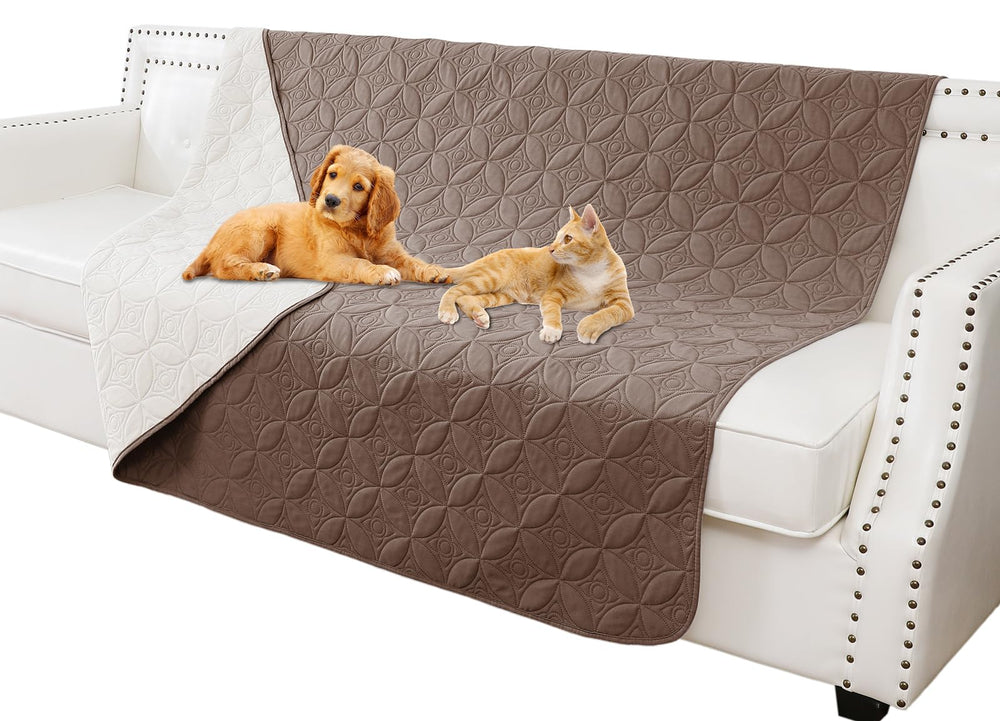 Tuffeel dog blanket 52x82 on sofa in chocolate-cream protects furniture from hair and spills.