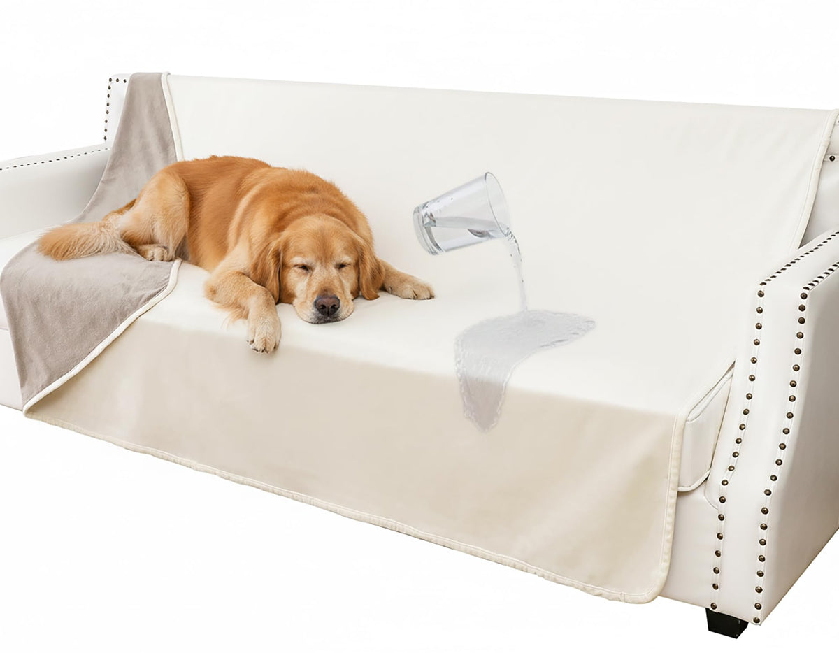 Tuffeel Waterproof Blanket on couch edge shows spill protection and soft texture.